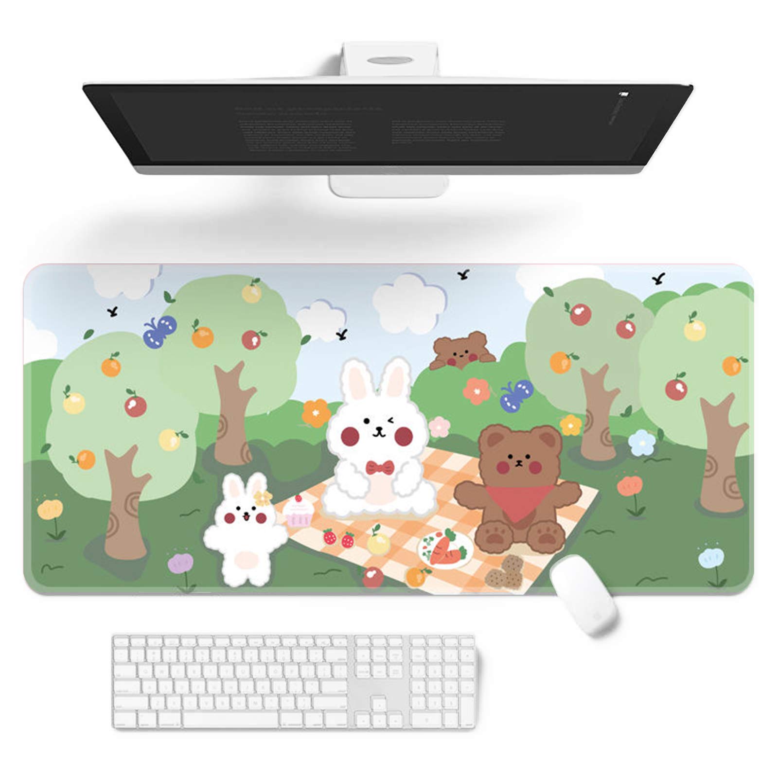 Kawaii Cute Large Gaming Desk Mat - 32 x 12 Inch Cartoon Mouse Pad & Keyboard Pad for PC, Laptop, Home Office - Perfect for Gaming, Writing, Work & Study