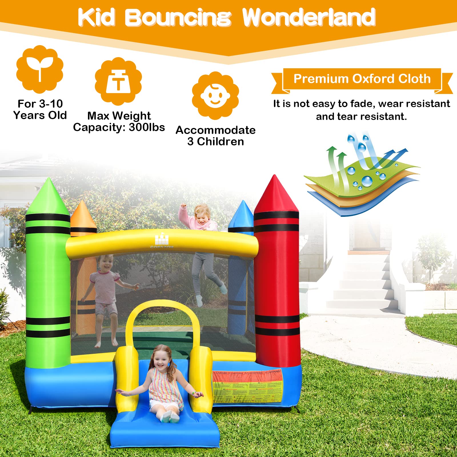 Costzon 12ft x 9ft Inflatable Bounce House with Slide - Kids Indoor/Outdoor Bouncy Castle for Birthday Parties, Backyard Fun & Toddler Play - Includes Blower & Large Jumping Area (Great for Birthday Gifts, Family Gatherings & Summer Outdoor Activities)