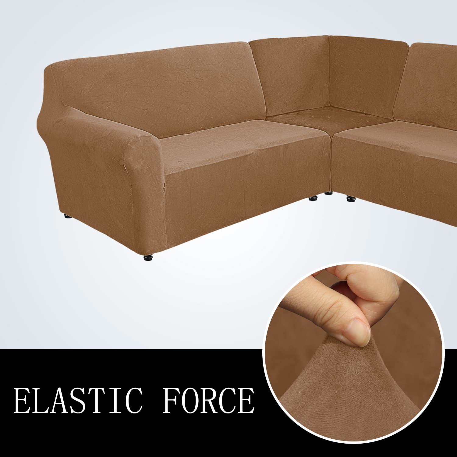 ELEOPTION 5-Piece L-Shaped Sectional Sofa Cover - Stretch Velvet Slipcover for Corner Couch, Soft Washable Furniture Protector in Khaki - Perfect for Living Room, Family Room, and Home Theater Seating