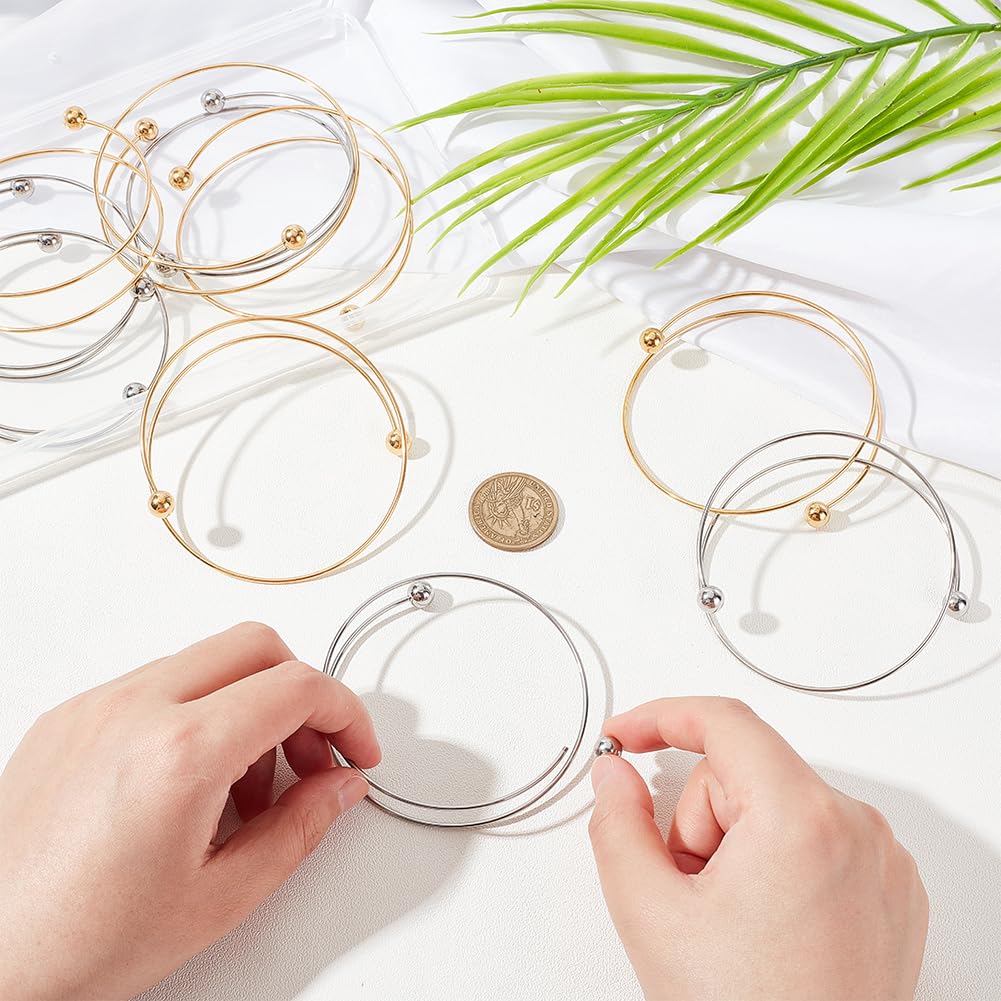 OLYCRAFT 10pcs 2.5 Inch Expandable Blank Bangle Bracelets with Removable Ball Beads - Gold & Silver Stainless Steel Wire Bracelets, Adjustable Cuff Bangle for Jewelry Making DIY - Perfect for Crafting, Gift Giving, and Personal Accessorizing