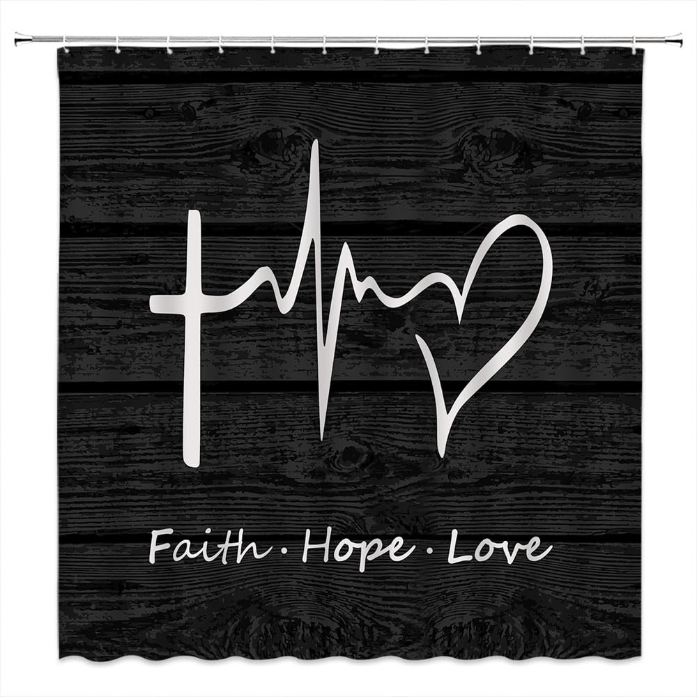 Inspirational Quote Shower Curtain - Black & White Motivational Words with Vintage Wooden Board Design, Faith Hope Love Modern Hand-Drawn Lettering, 70x70 Inch Polyester Bathroom Decor with Hooks - Perfect for Spa-Like Bathrooms & Gift Ideas