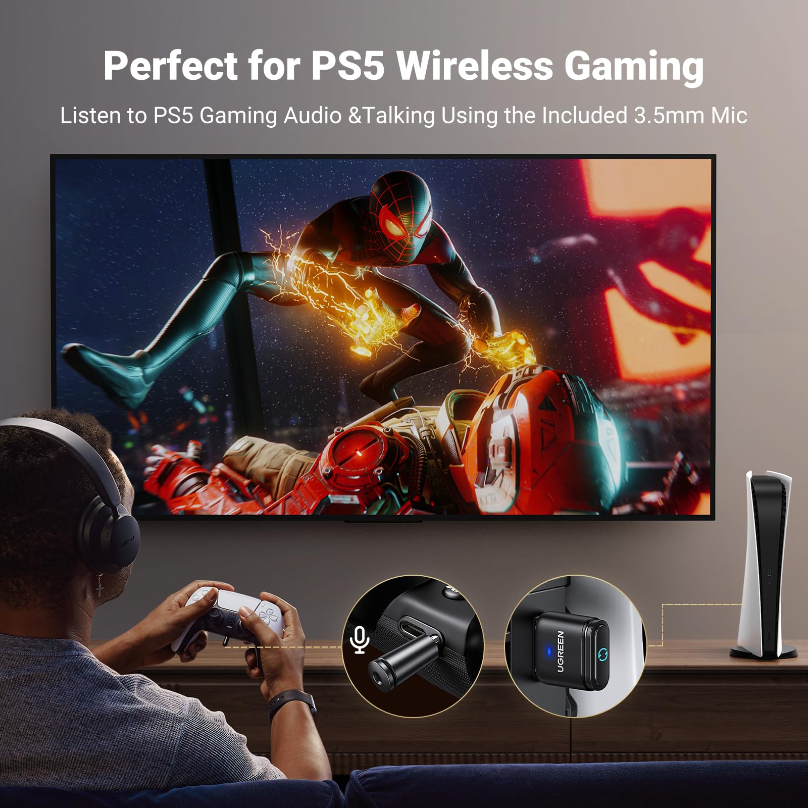 UGREEN Bluetooth 5.3 Adapter for PS5 & PS4 - USB Audio Transmitter with APTX Low Latency - Wireless Audio Adapter for Nintendo Switch, PC, Laptop - Plug & Play for Bluetooth Headphones & Earbuds - Perfect for Gaming, Streaming & Conference Calls