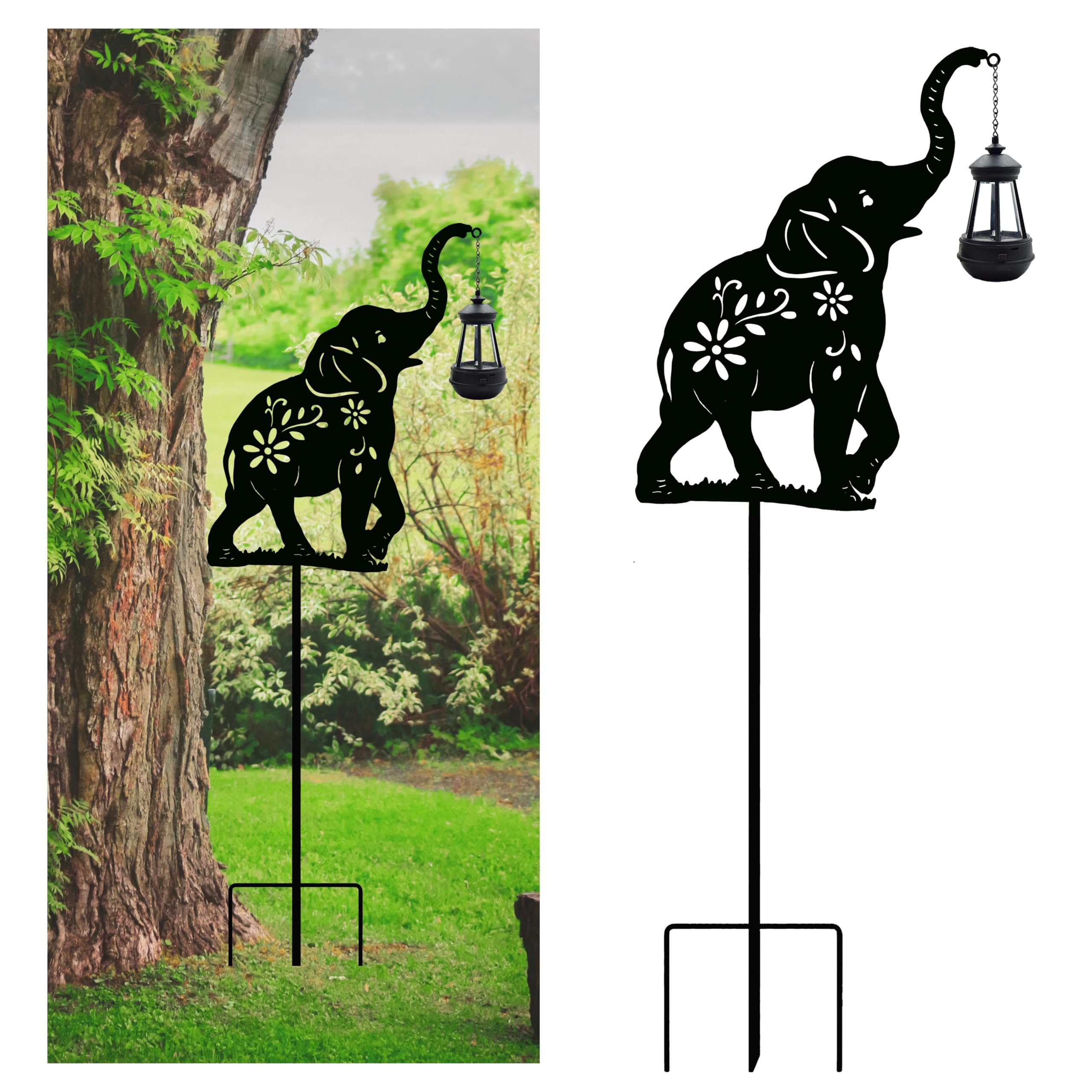 Solar Powered Elephant Garden Stakes - Outdoor Solar Decor Metal Elephant Statue with LED Light, Animal Lantern for Yard & Lawn Decoration - Perfect for Patio, Pathway, Flower Bed Lighting at Night