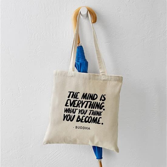 Buddha Quote 'The Mind Is Everything' Natural Canvas Tote Bag - Eco-Friendly Reusable Shopping Bag for Yoga, Meditation & Daily Use