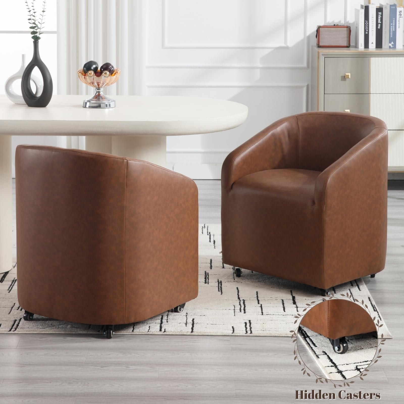 Modern Swivel Barrel Dining Chairs Set of 2 - PU Leather Upholstered Kitchen Counter Stools with Casters - Accent Side Chairs for Dining Room, Living Room & Home Office - Brown (Perfect for Breakfast Nooks, Kitchen Islands & Small Space Dining)