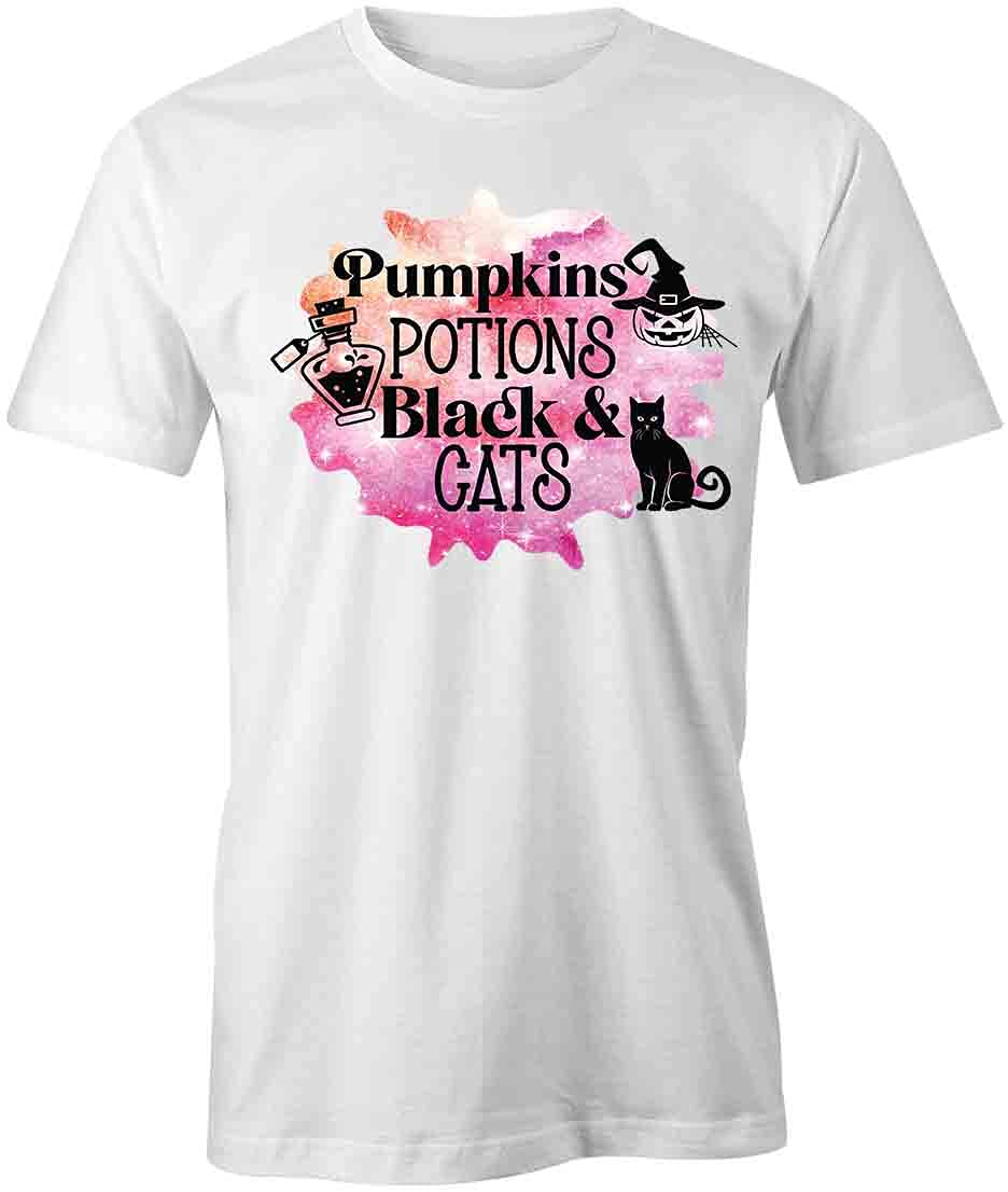 Pumpkins and Potions Halloween Graphic T-Shirt for Women & Men | Soft Cotton Printed Tee | Cute Witch & Pumpkin Design | Perfect for Halloween Parties, Costume Events & Fall Festivals