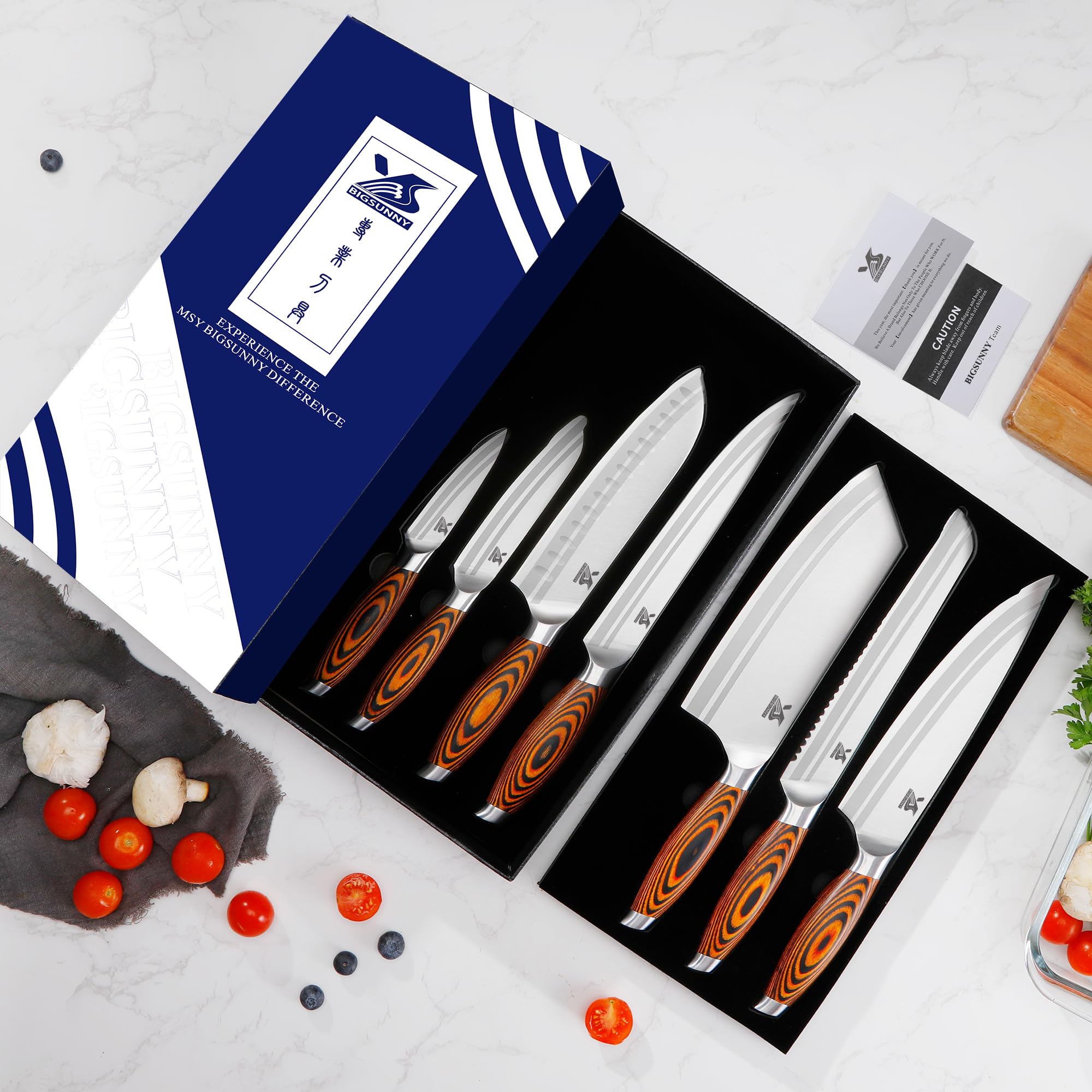 MSY BIGSUNNY 7-Piece Professional Kitchen Knife Set - German Stainless Steel Chef Knives with Pakkawood Handle - Sharp Cutlery Set for Cooking, Slicing & Dicing - Ideal Gift for Home Chefs & Culinary Enthusiasts