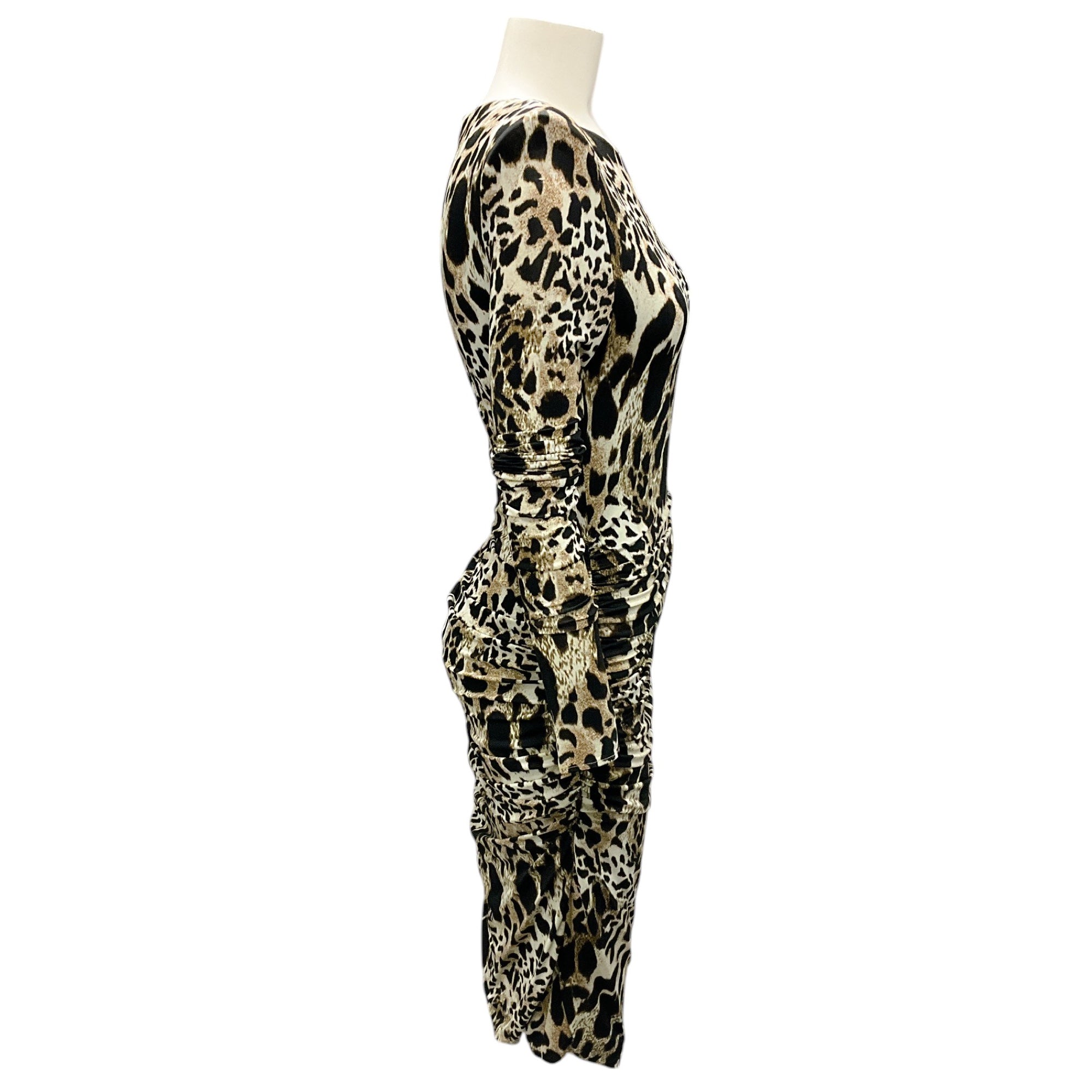 Alexandre Vauthier Beige & Black Lynx Print Ruched Jersey Cocktail Dress - Elegant Evening Wear for Parties & Special Occasions