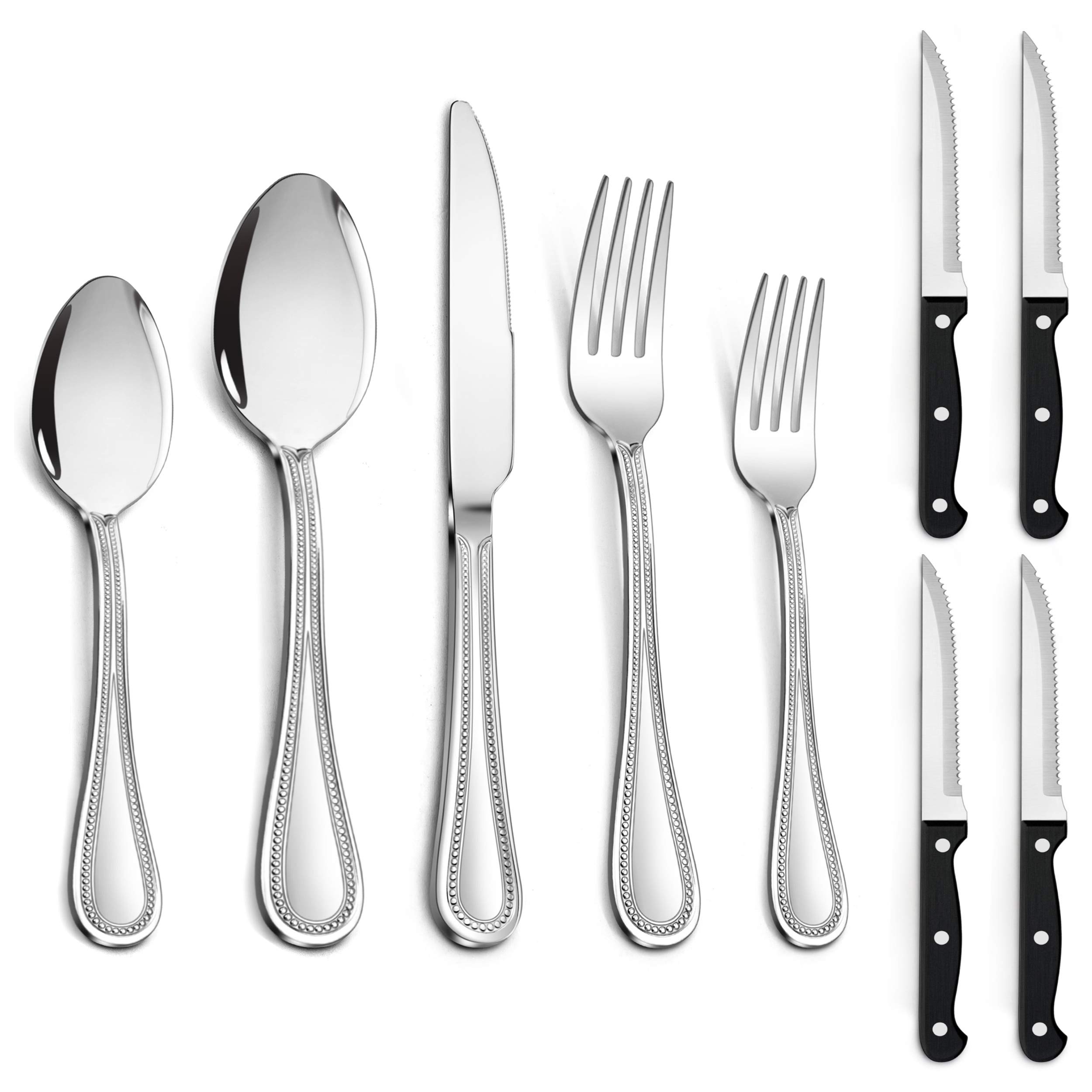24-Piece Stainless Steel Silverware Set with Steak Knives for 4 - Elegant Beaded Edge Flatware Cutlery Set for Kitchen, Restaurant & Hotel - Dishwasher Safe Tableware for Fine Dining, Dinner Parties & Everyday Use