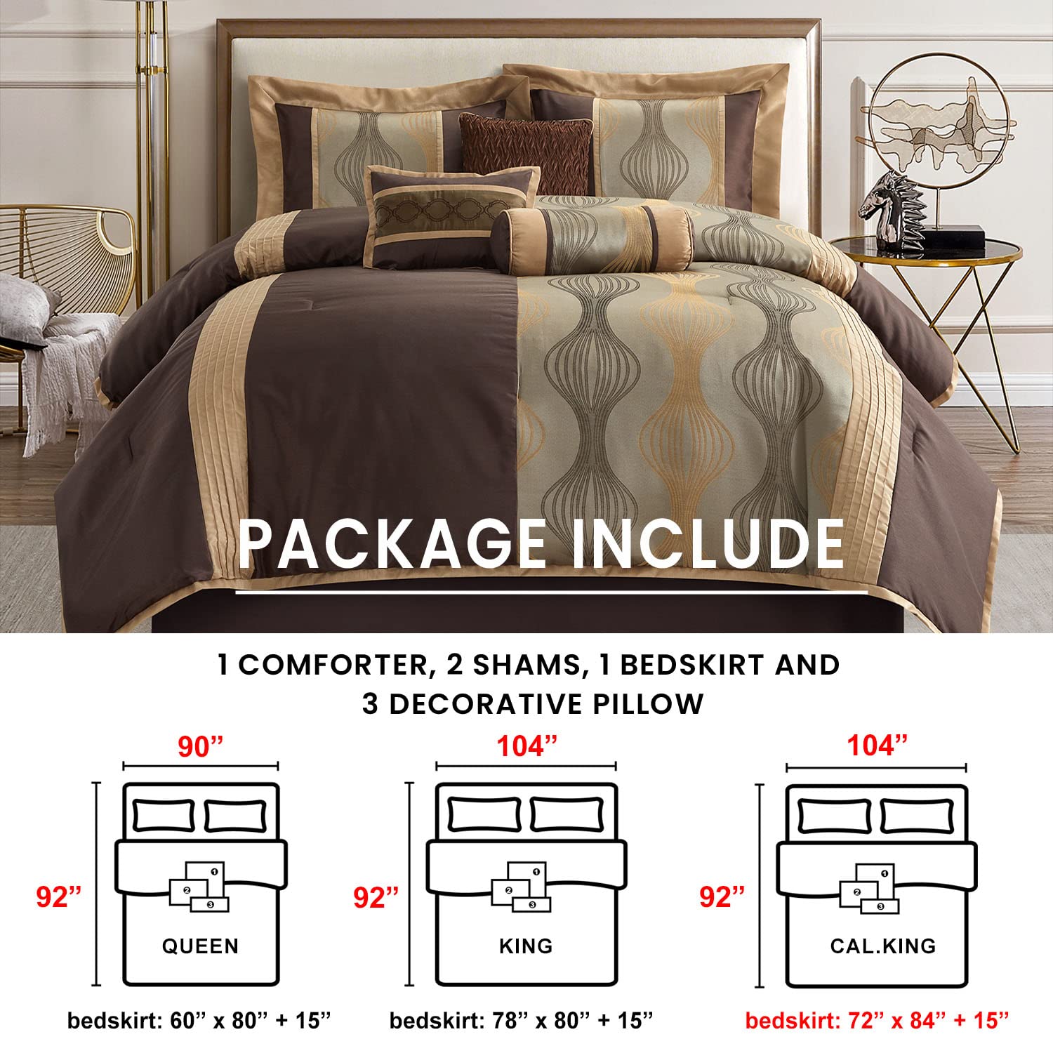 Grand Avenue Elegant Brown 7-Piece Queen Comforter Set - Striped Jacquard All-Season Bedding with Decorative Pillows & Shams | Perfect for Master Bedroom, Guest Room & Cozy Home Decor