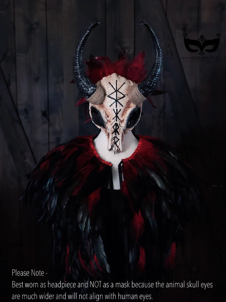 Ancient Shaman Ram Horn & Feather Cape - Handmade Tribal Ritual Costume for Spiritual Ceremonies, Cosplay, and Theatrical Performances