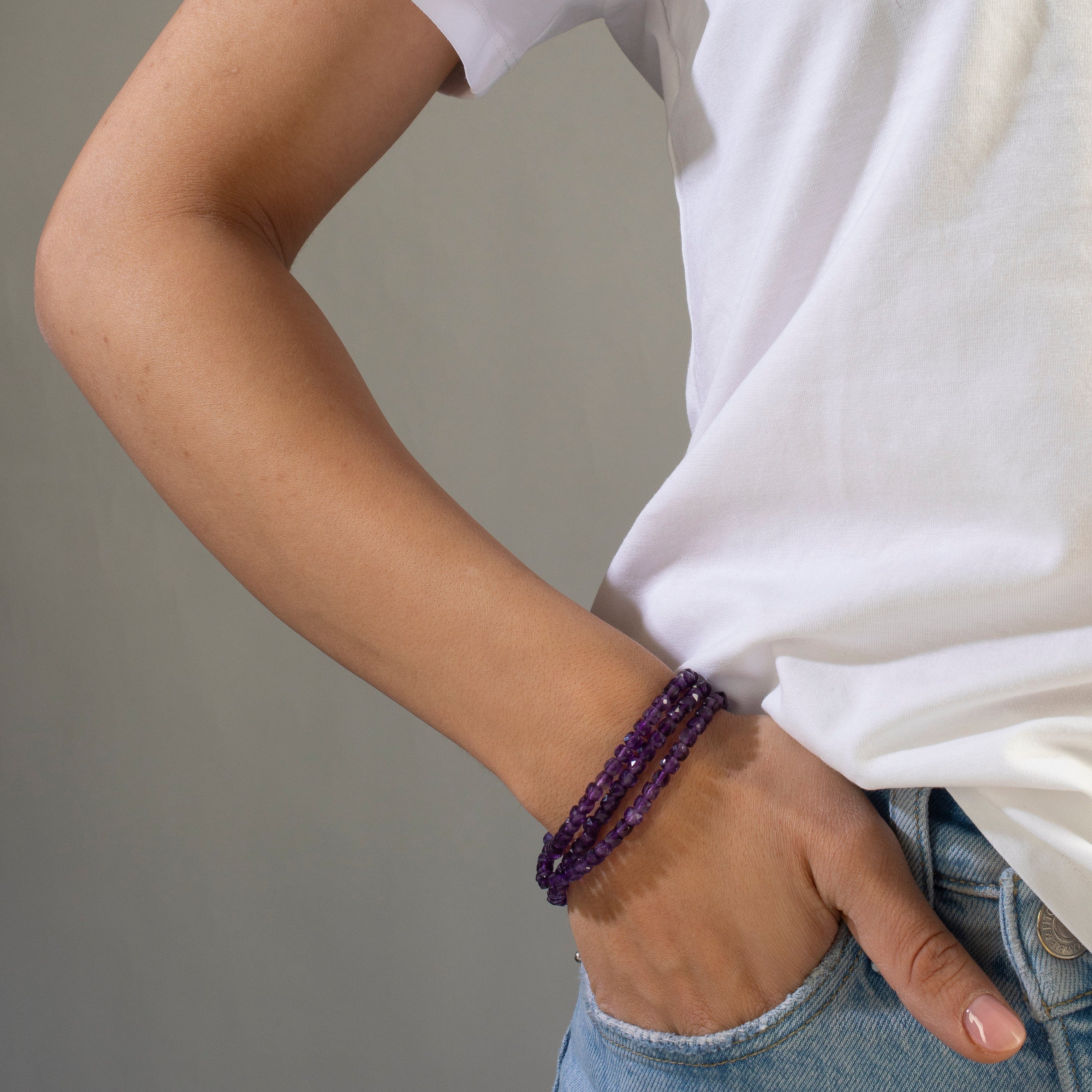 4mm Faceted Amethyst Cube Necklace & Multi-Wrap Bracelet Set – Elegant Purple Crystal Jewelry for Women, Gift for Her, Boho Chic Style, Spiritual Healing, Meditation Accessory