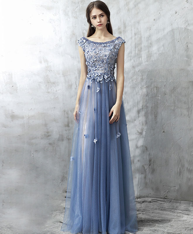 Elegant Blue Lace Applique Beads Tulle Long Prom Dress - Lace Evening Gown for Formal Events, Homecoming, Wedding Guest & Special Occasions