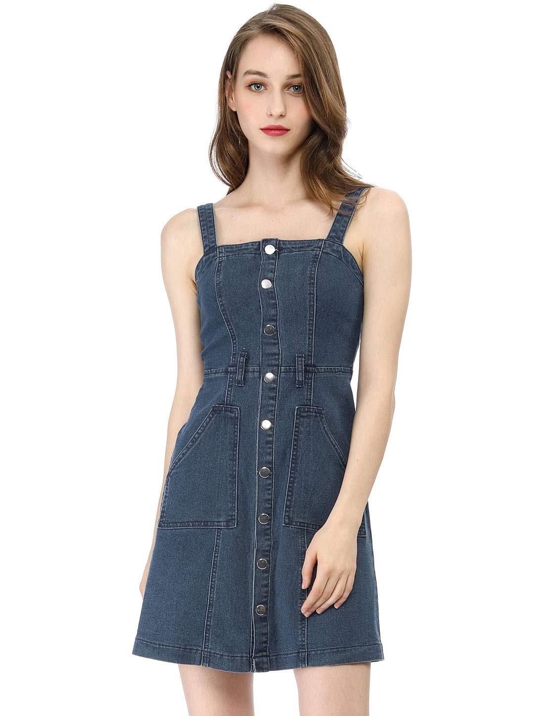 Allegra K Women's Classic Adjustable Strap Denim Pinafore Dress - Casual Jean Overalls for Spring & Summer Outings, Date Nights, and Weekend Brunch
