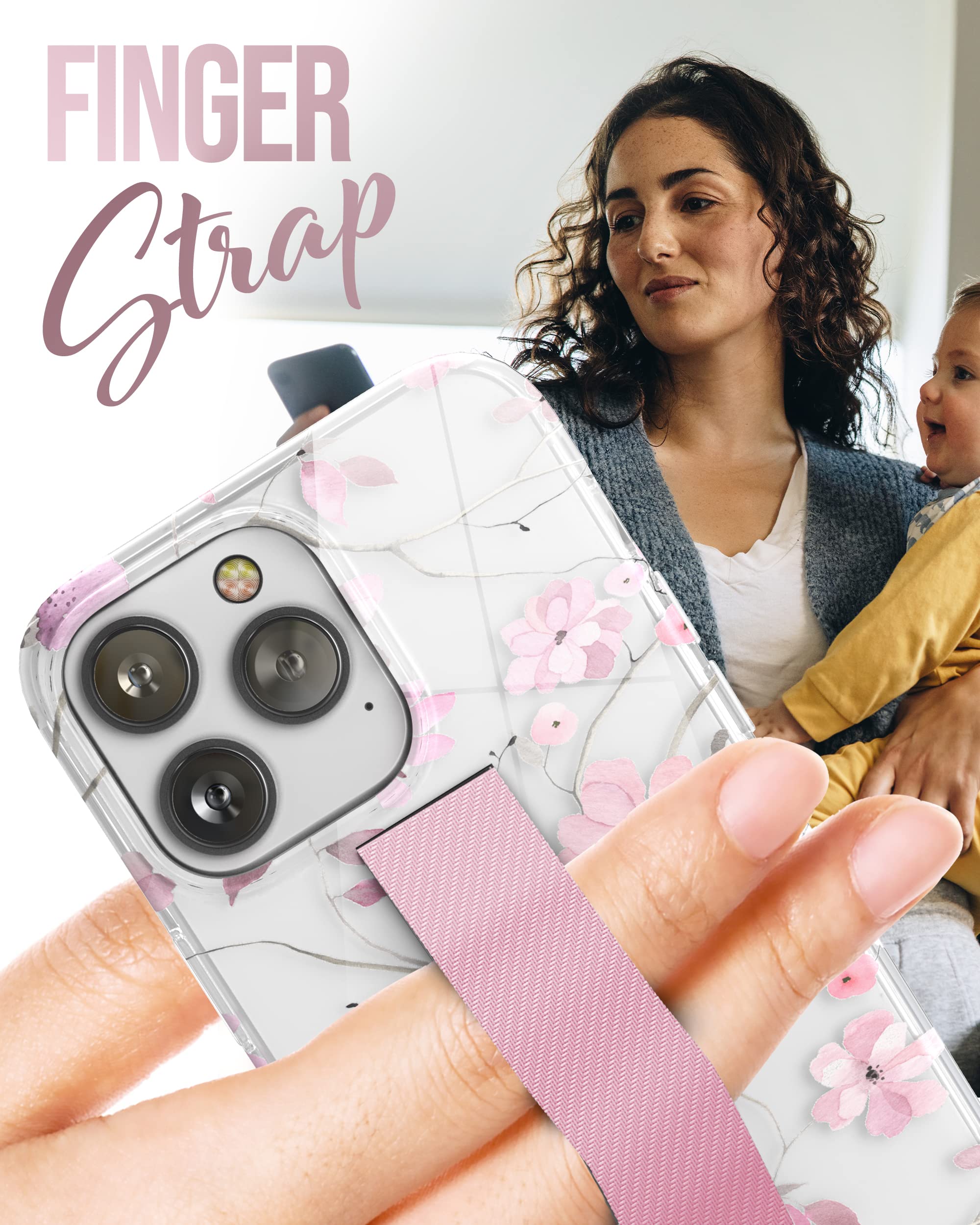 Premium Shockproof iPhone 14 Pro Max Case with Comfortable Hand Strap & Built-in Screen Protector - Floral Pink Design for Secure Grip & Daily Protection | Perfect for Outdoor Activities, Workouts & Travel