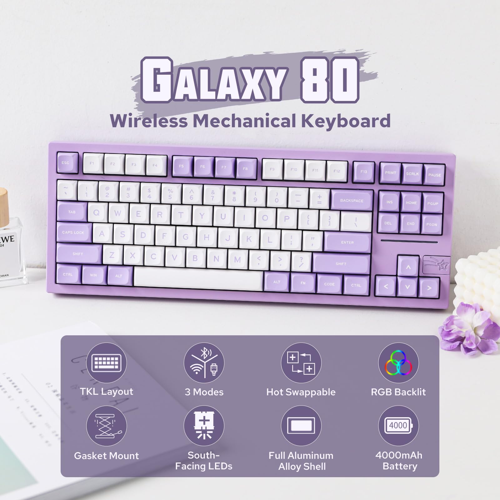 EPOMAKER x Feker Galaxy80 Wireless Mechanical Gaming Keyboard - Aluminum Alloy Body, BT5.0/2.4G/USB-C Connectivity, Hot-Swappable Gasket Mount, NKRO with Creamy Switches (Purple/Marble White) - Perfect for Esports, Office Work & Typing Enthusiasts