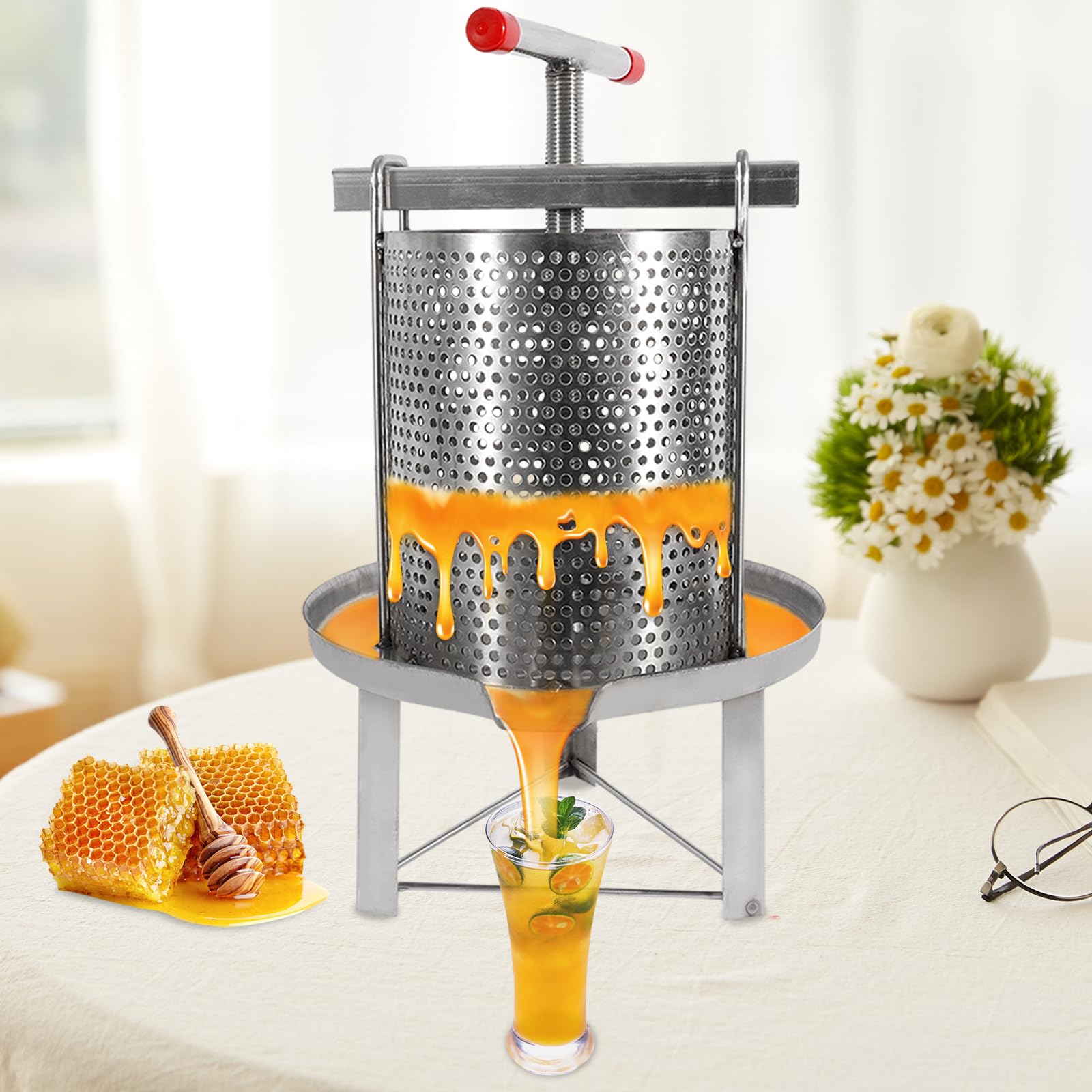 10L Stainless Steel Manual Honey Press Extractor - 2.6gal Bee Honey & Wax Press for Beekeeping, Agriculture (24cm/9.45in) - Perfect for Home Beekeepers & Small Farms to Extract Pure Honey