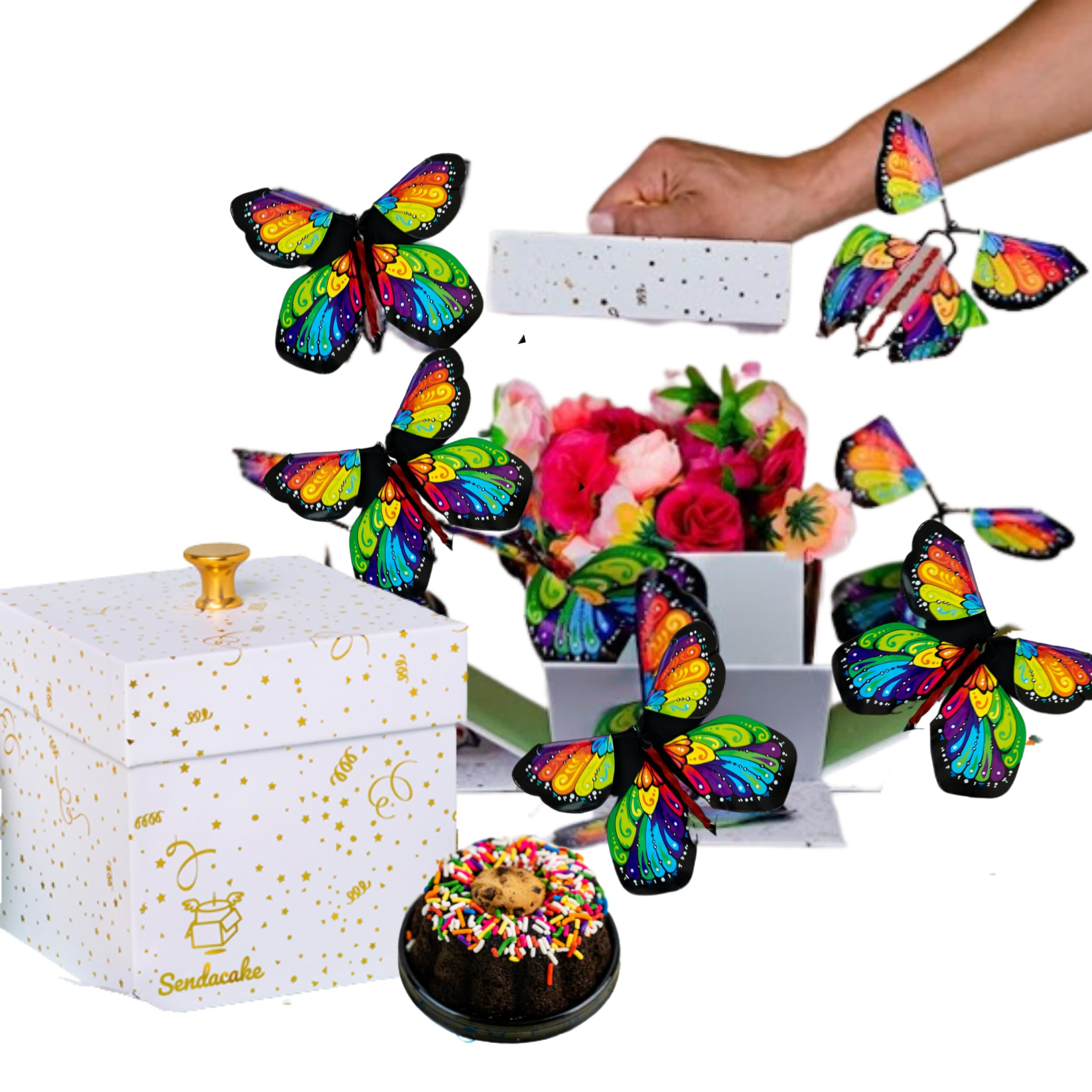 SendACake Celebration Explosion Gift Box - Ready-to-Gift Chocolate Chip Mini Bundt Cake with Flying Butterflies & Flower Shower - Unique Birthday Gifts for Women, Men, Family & Friends (Birthdays, Weddings, Anniversaries) - Perfect for Surprise Parties, Office Celebrations & Special Occasions