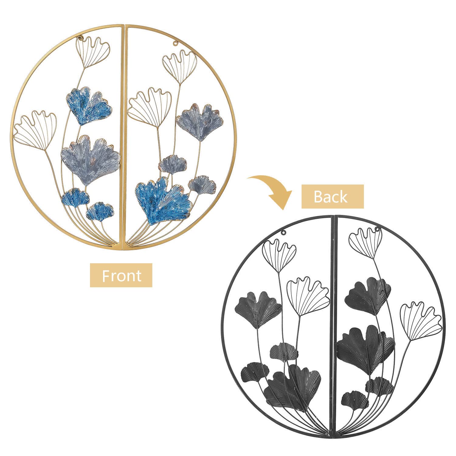 Asense Set of 2 Modern Gold Metal Ginkgo Leaf Wall Art Decor - 30 Inch Hanging Sculpture for Bedroom, Living Room, Office & Hotel - Elegant Blue Home Decoration - Perfect for Boho, Farmhouse & Modern Interior Design Styles