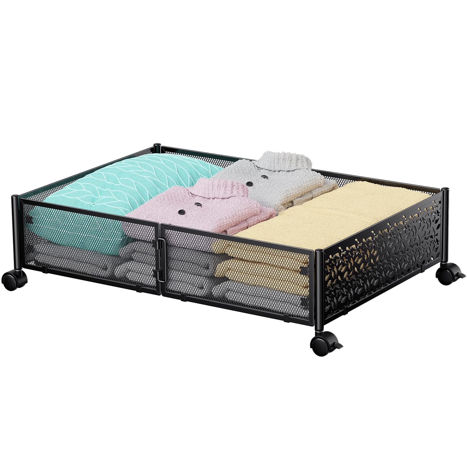 Under Bed Storage Containers with Wheels - Tool-Free Assembly Metal Underbed Organizer Drawer for Clothes, Shoes, Blankets | Bedroom Storage Solution for Space Saving & Organization (Black)