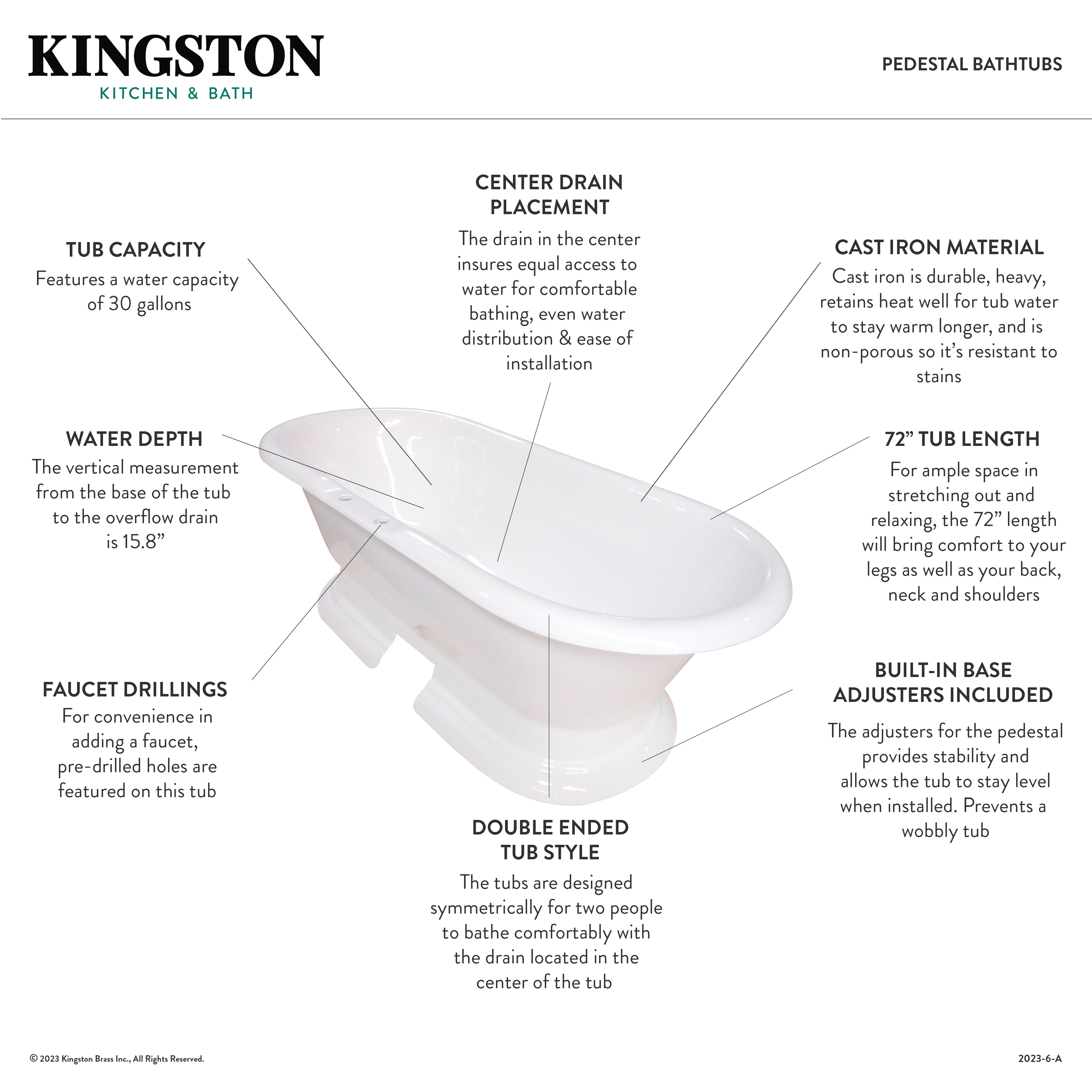 Aqua Eden 72 Inch White Cast Iron Oval Double Ended Pedestal Bathtub with 7 Inch Faucet Drillings - Freestanding Soaking Tub for Luxury Bathroom & Spa Relaxation