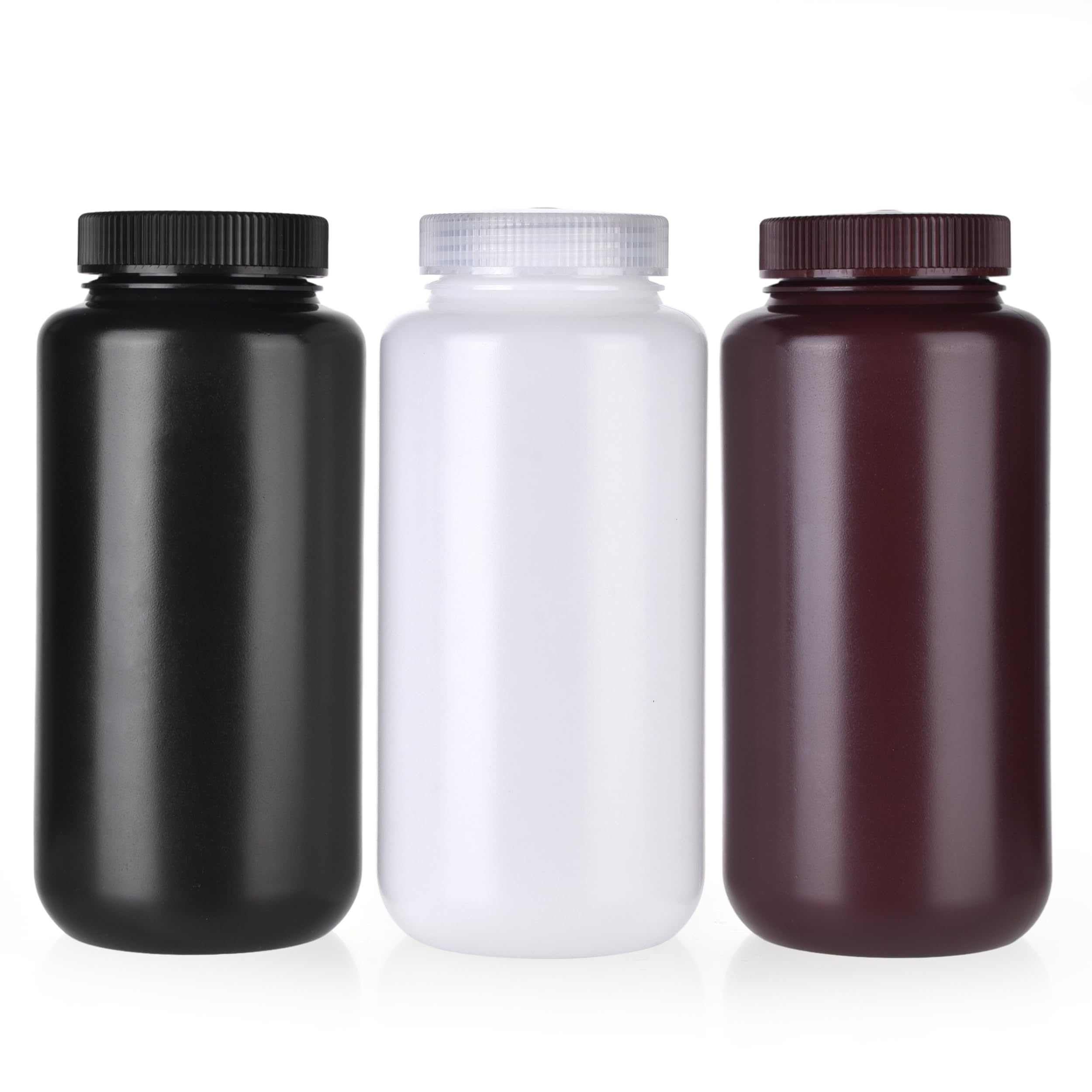 3-Piece 1000ml HDPE Plastic Bottles Set - Wide Mouth Reagent & Sample Storage Bottles with Leak-Proof Lids - Amber Color for Dark Liquids Protection - Ideal for Laboratory, Chemical Storage & DIY Essential Oils
