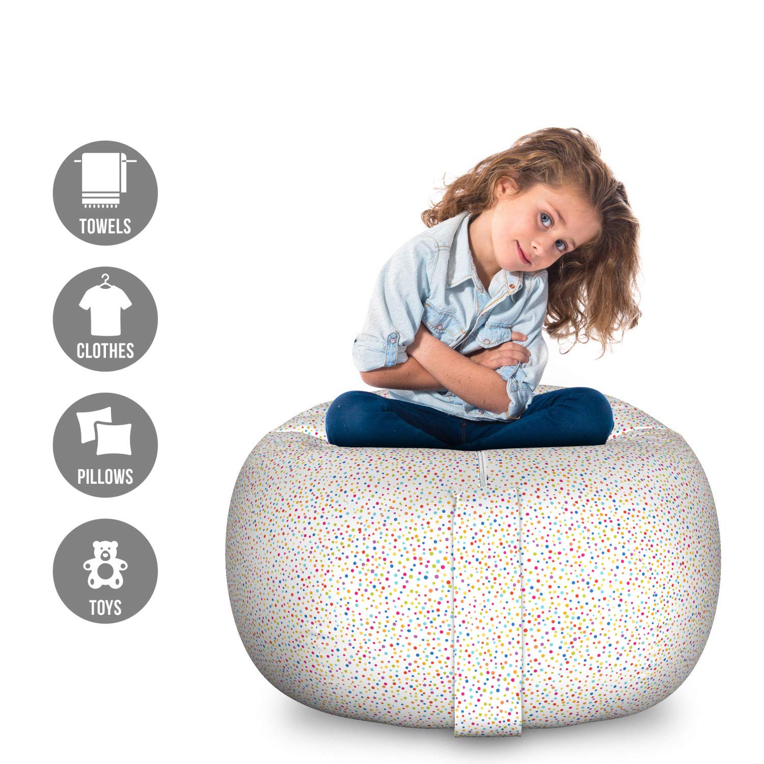 Ambesonne Colorful Storage Toy Bag Chair - Large Washable Stuffed Animal Organizer with Dotted Rainbow Pattern on Off-White, Carnival Theme | Perfect for Kids' Room, Playroom & Toy Storage Organization
