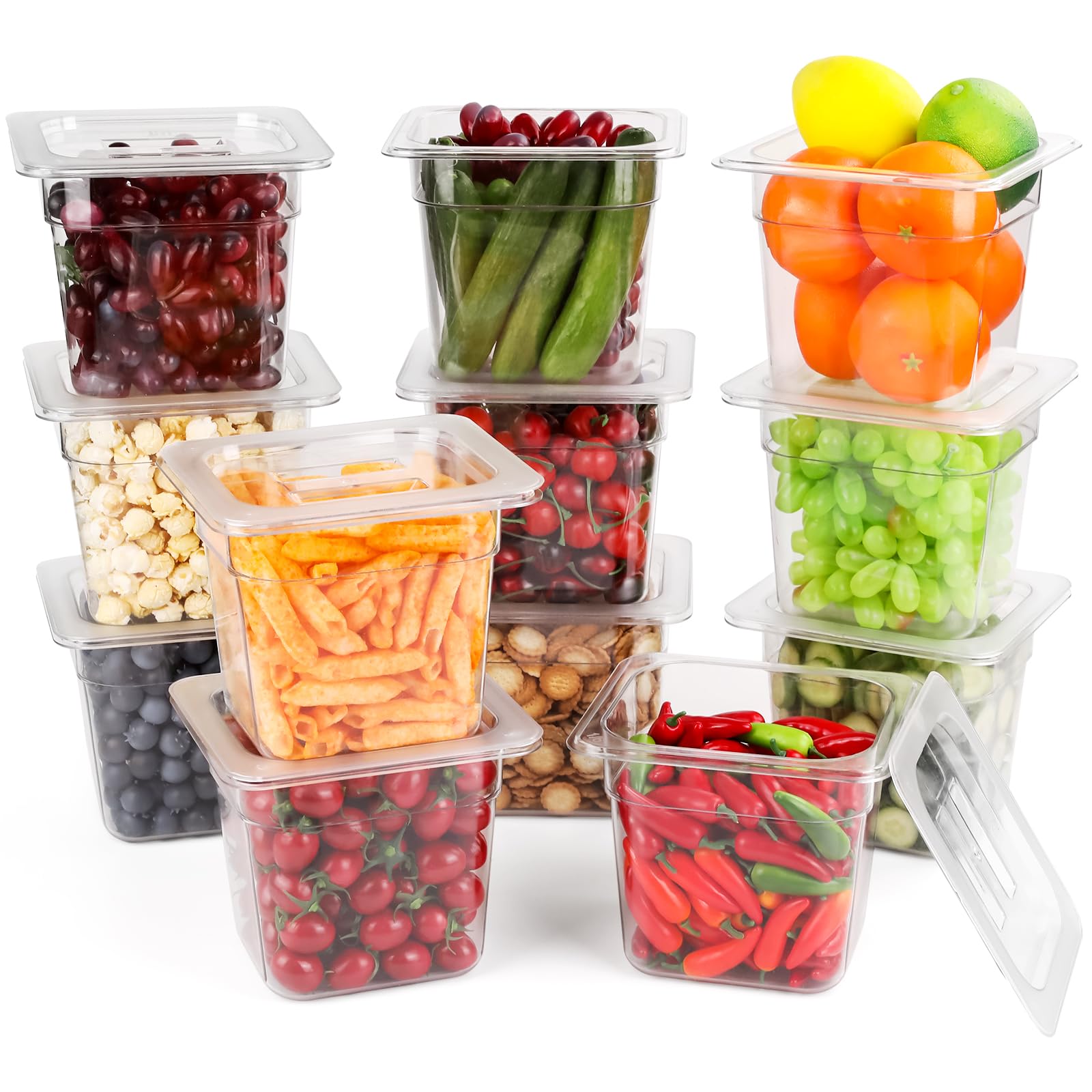 VOISEN 12 Pack 1/6 Size 6 Inch Deep Clear Plastic Food Storage Containers with Lids - Commercial Grade Polycarbonate Fridge Organizers for Salad, Fruits, Vegetables - Perfect for Restaurants, Catering & Home Kitchen Organization