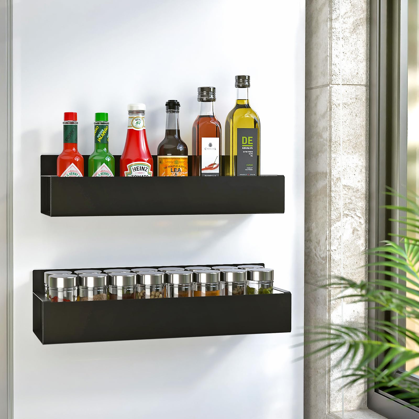 Strong Magnetic Spice Rack for Refrigerator - 2 Pack Adjustable Spice Organizer with Powerful Magnets for Fridge & Microwave, Space-Saving Kitchen Storage Solution (Black) - Perfect for Small Kitchens, Apartments & RVs