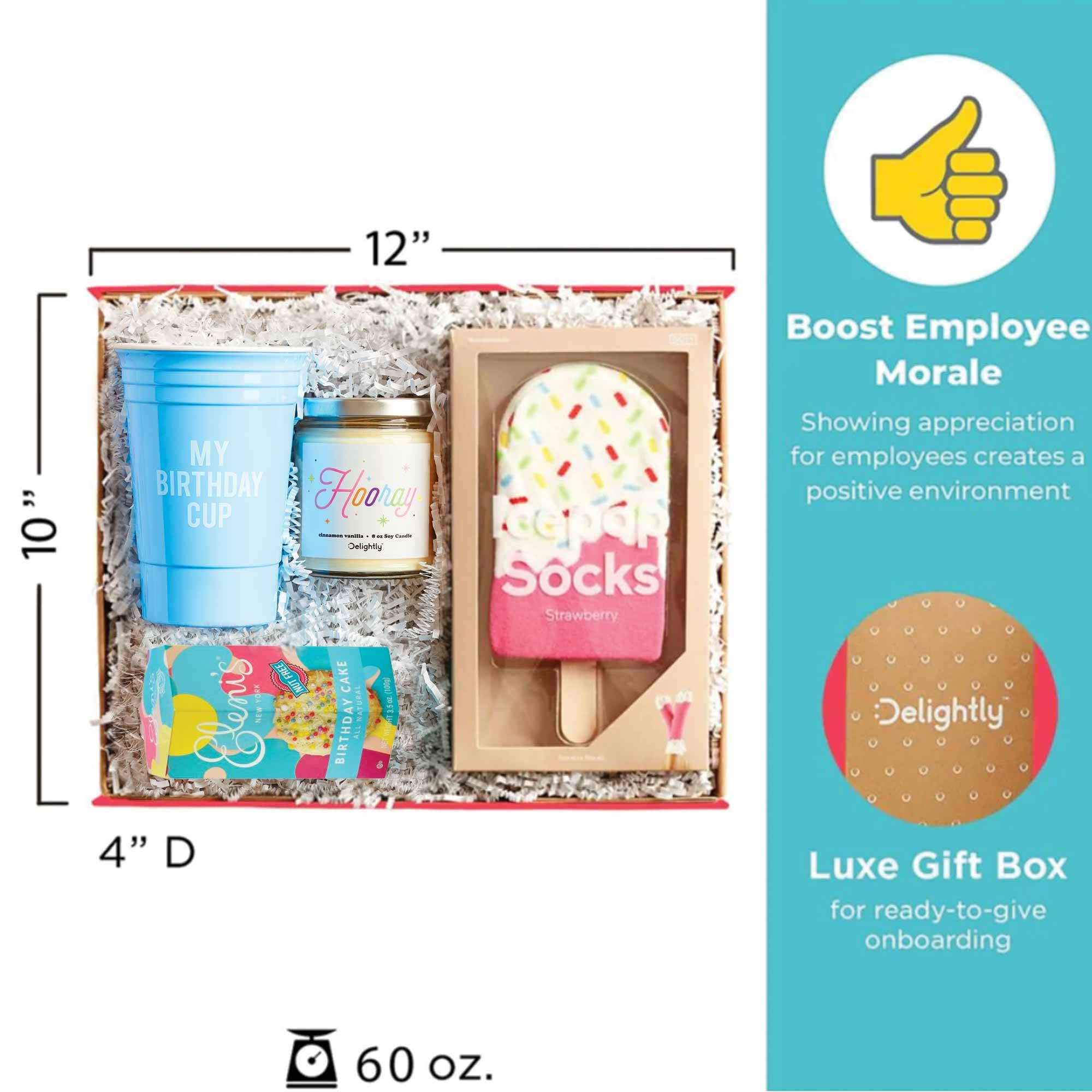 Delightly - Cue The Confetti Kit - Premium Birthday Gift Set with Party Cup, Candle, Chocolate Covered Pretzels & Fun Socks - Perfect Celebration Box for Birthdays, Anniversaries & Special Occasions - Great for Parties, Surprise Gifts & Festive Gatherings