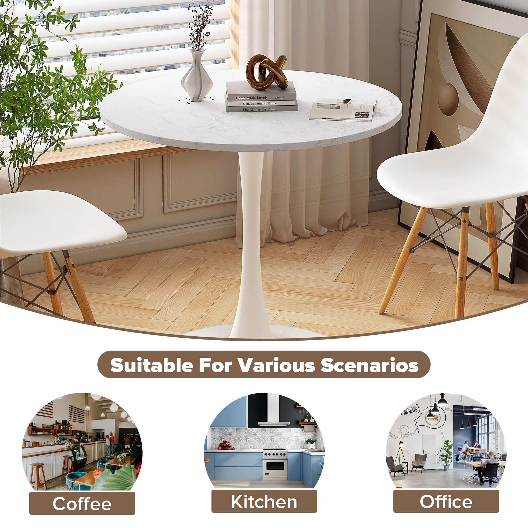31.5 Inch Round Dining Table - Mid-Century Tulip Table with Sturdy Metal Pedestal Base | Modern Space-Saving Kitchen Table | Easy Assembly Marble Top White Finish | Perfect for Small Apartments & Cozy Dining Rooms