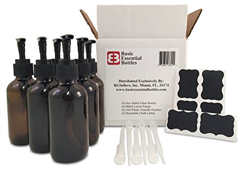 6 Pack 4 oz Amber Glass Bottles with Black Lotion Pump & 3ml Pipettes - Essential Oil Containers, Cleaning Products Dispensers, Aromatherapy Storage, Shampoo/Lotion/Soap Bottles - Includes 6 Chalk Labels for Easy Organization