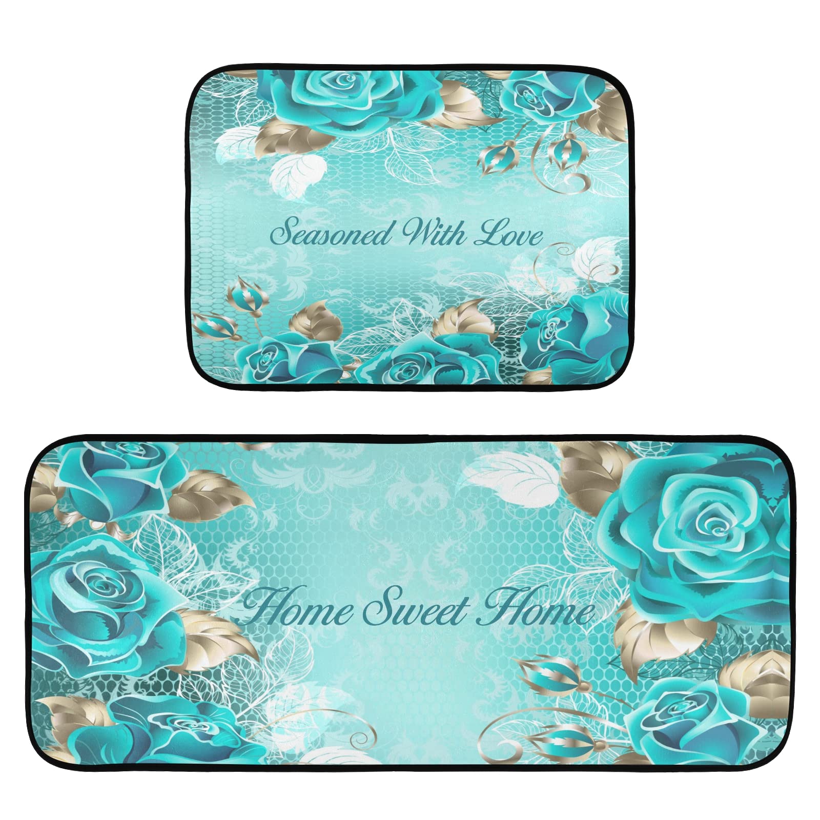 Non-Slip Washable Turquoise Kitchen Rugs Set of 2 - Teal Runner Mats for Floor, Rose Pattern Kitchen Decor - Perfect for Sweet Home Decor & Seasoned Love Theme | Ideal for Kitchens, Entryways & High-Traffic Areas