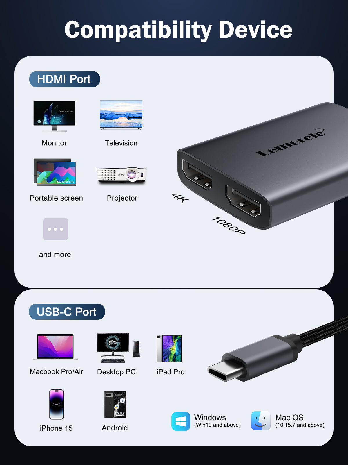 LEMORELE™ HD30 Dual HDMI Adapter - Connect 2 Monitors to Laptop for Work & Gaming | 4K Ultra HD, Plug & Play, Extended Display Mode for PC, Mac, Home Office & Entertainment Setup