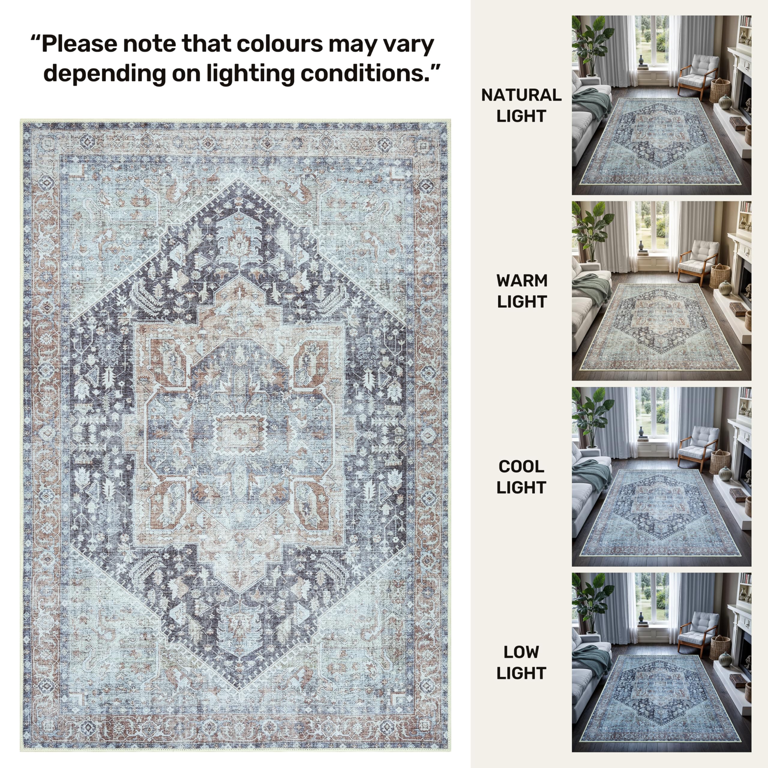 GLN Rugs Vintage Collection - Machine Washable Non-Slip Low Pile Area Rug 2'6