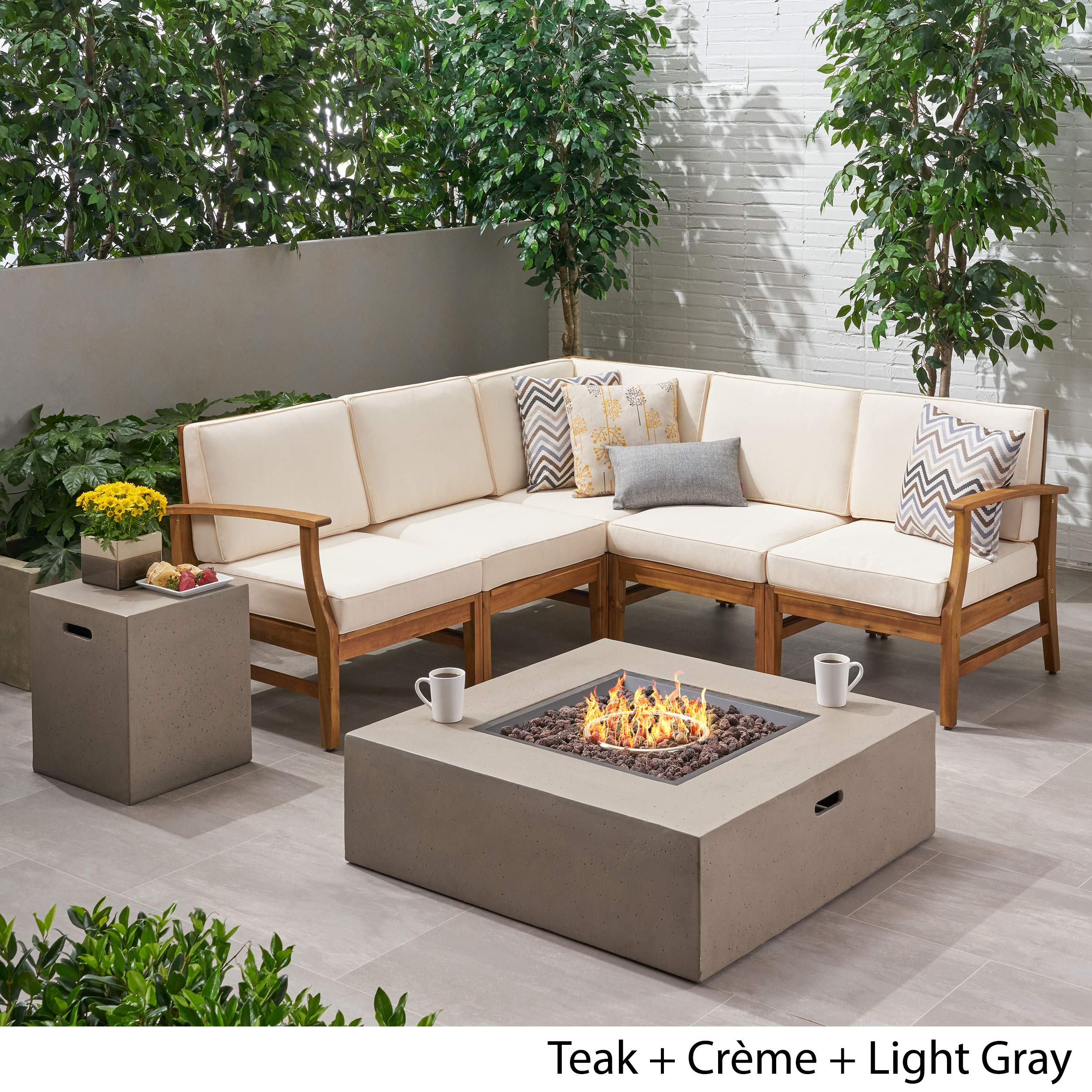 Premium 6-Piece Acacia Wood Outdoor Sofa Set with Square Fire Pit Table & Tank - Teak, Creme & Light Gray Patio Furniture for Backyard, Garden, Poolside & Deck Relaxation