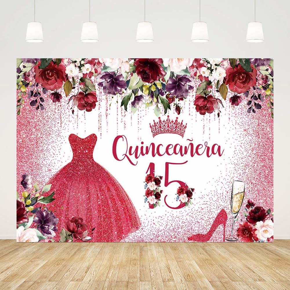 7x5ft Happy 15th Birthday Backdrop for Girls - Burgundy Red Floral Quinceañera Photography Background with Crown Design | Perfect for Princess Themed Birthday Parties, Cake Tables, and Celebration Decorations (CQ307)