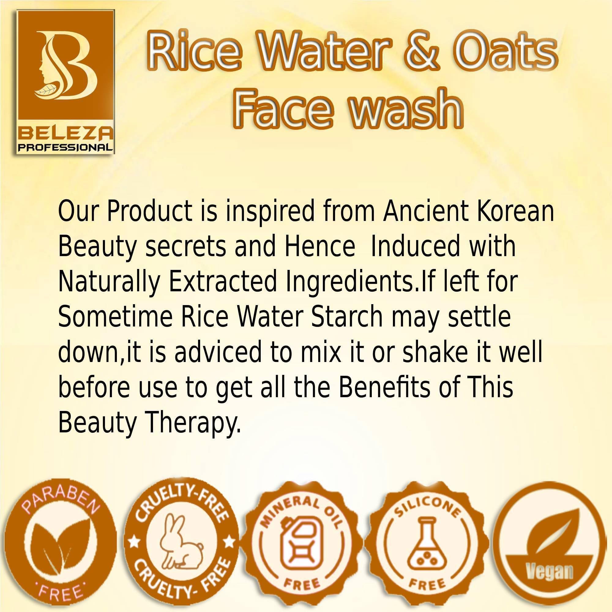 Beleza Professional Rice Water & Oats Face Wash for Younger Looking Bright Skin Tone - 200ml | Gentle Cleanser for Daily Skincare Routine, Anti-Aging & Glow Boosting | Perfect for Morning & Night Use