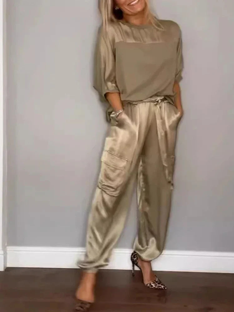 Women's Solid Color Satin Two Piece Set - Round Neck Top & Loose Long Pants Outfit for Spring Summer | Casual Lounge Wear, Street Style Fashion, Office to Weekend Outfits