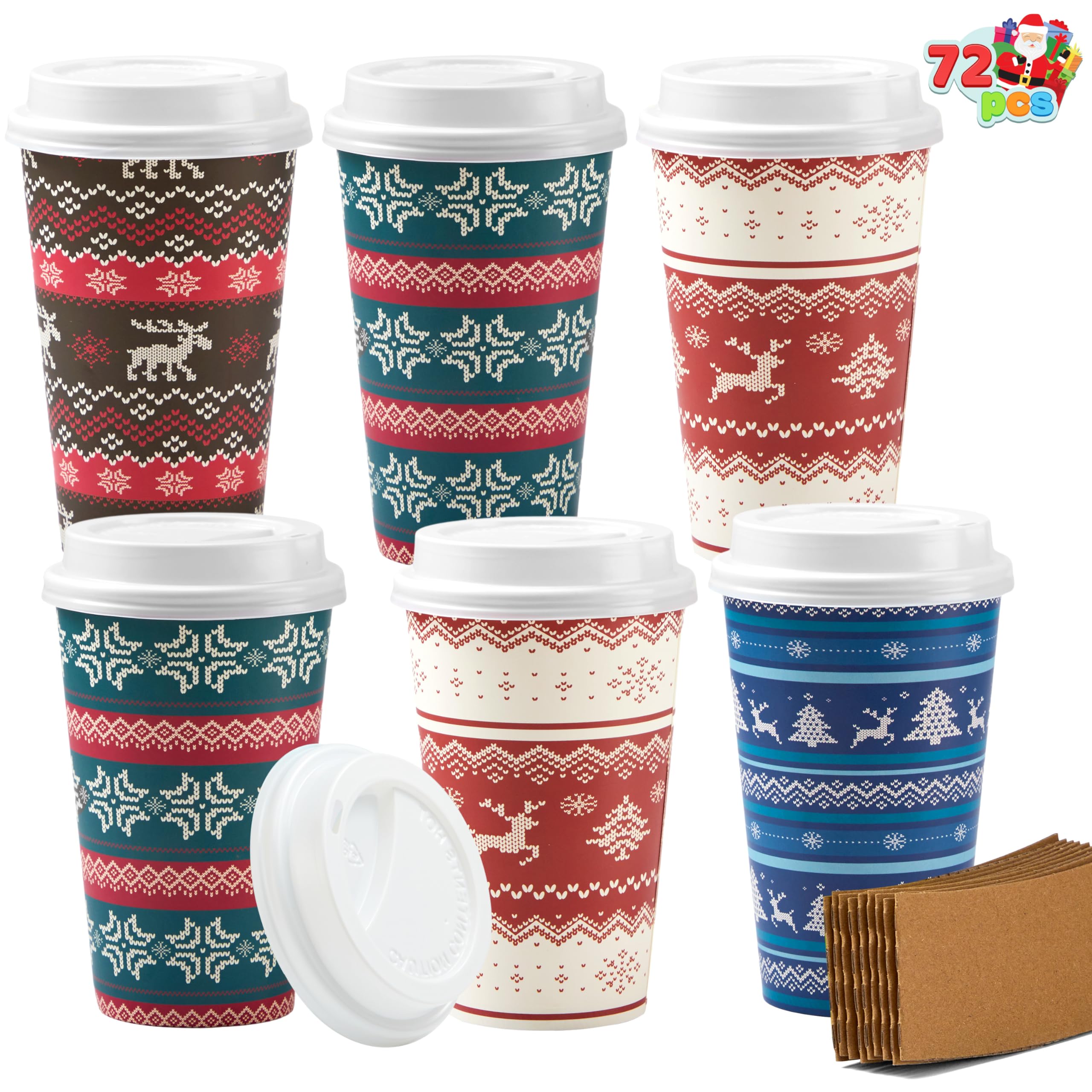 JOYIN 72-Pack Christmas Paper Cups with Sleeves & Lids - 16 oz Disposable Holiday Cups for Hot Chocolate, Coffee & Cold Drinks - 4 Festive Designs - Perfect for Christmas Parties, Office Celebrations & Family Gatherings