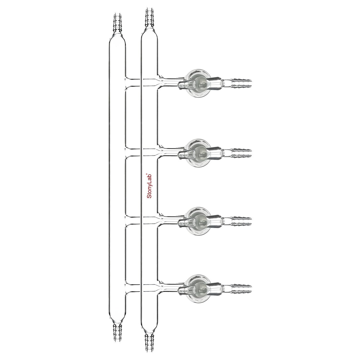 Stonylab Borosilicate Glass Double Vacuum Manifold - 4 Ports with Glass Stopcocks for Schlenk Line | Lab Vacuum Gas Distributor for Chemistry Experiments & Research Applications