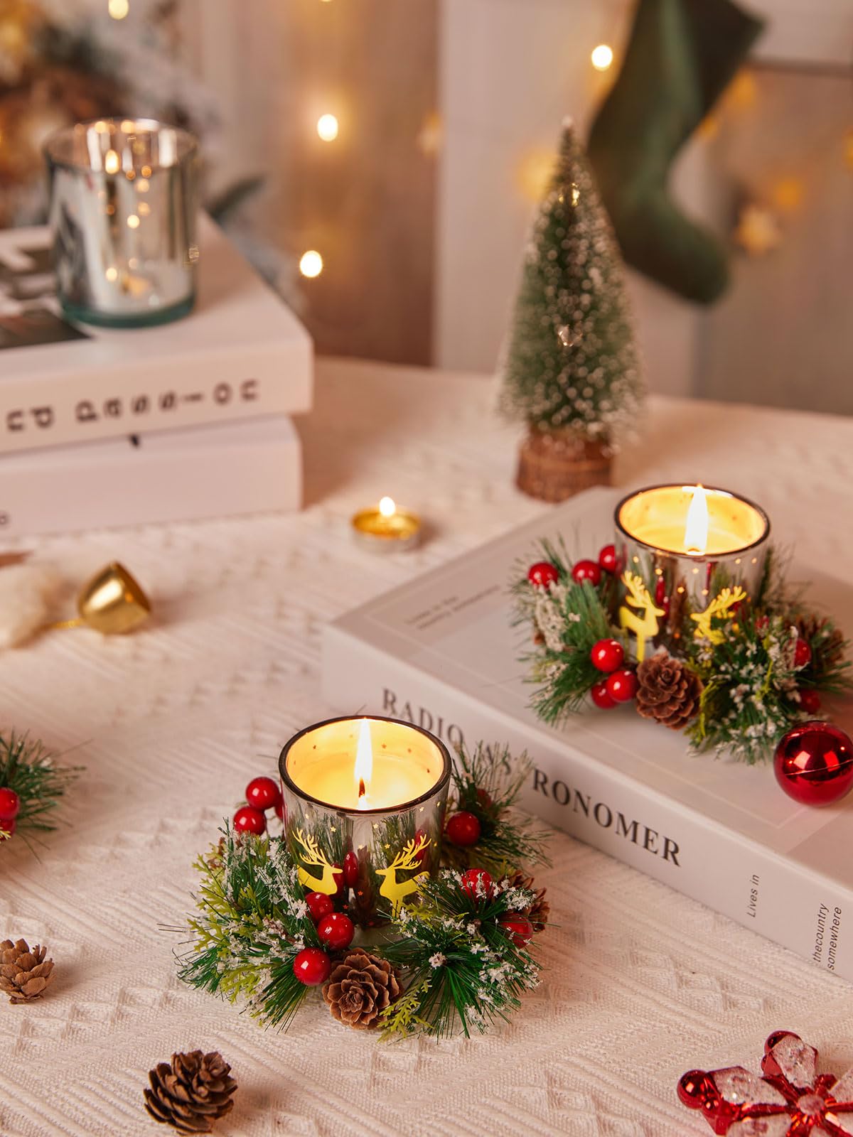 Christmas Candle Holders Rings Wreath Set - 4 Piece Red Berry Pinecone Elk Glass Candle Rings for Holiday Table Decor, Centerpiece, Fireplace Mantel & Christmas Party Decorations