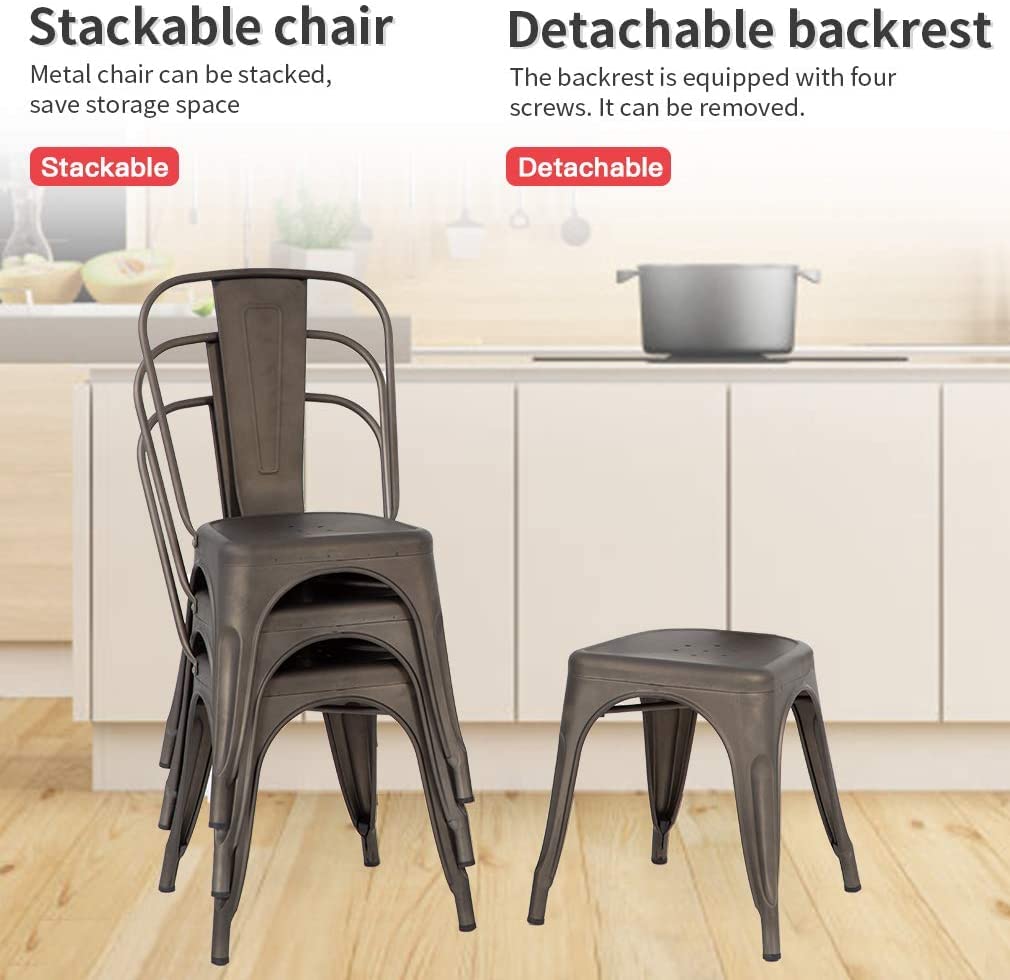 Tolix Style Metal Dining Chairs Set of 4 - 18 Inch Seat Height Indoor/Outdoor Stackable Patio & Restaurant Chairs with 330LBS Weight Capacity in Bronze Brown - Perfect for Bistros, Cafes, and Home Dining Areas