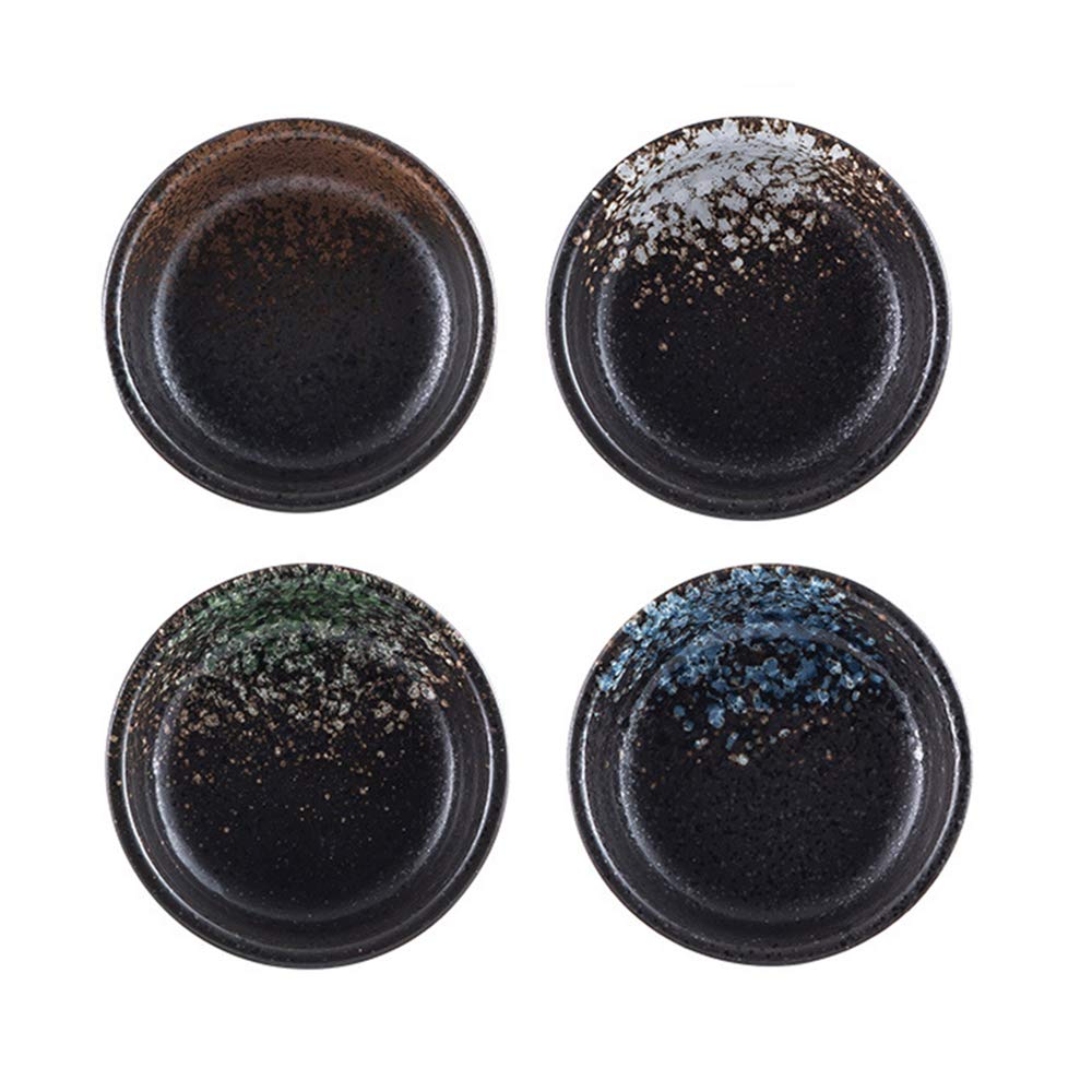 Japanese Retro Fancy Glaze Seasoning Dish Set - 4 Pack 3.7-Inch Round Soy Sauce Dishes, Wasabi Plates for Sushi, Asian Cuisine & Home Decor - Elegant Tableware for Restaurants, Kitchen & Gift Giving