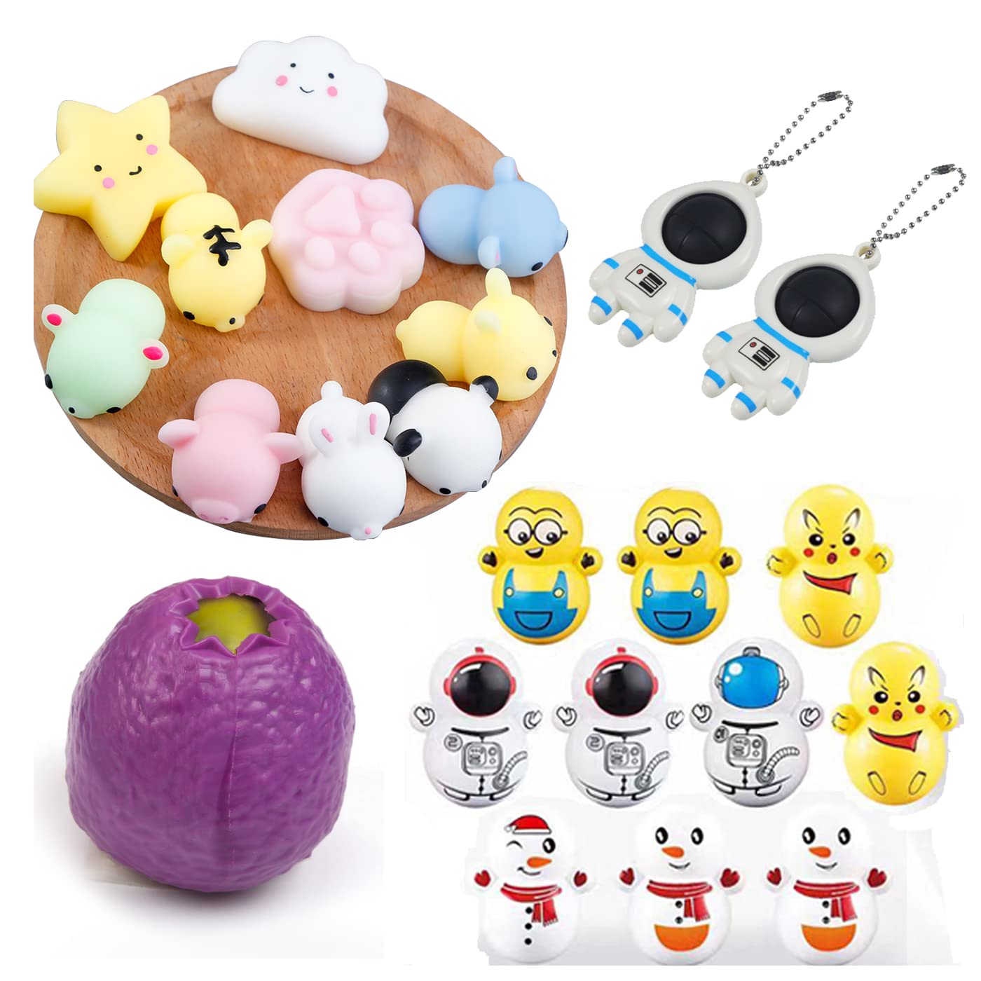 Mini Stress Relief Hand Toys Set - 2 Pack Fidget Keychains, 10 Pack Cute Soft Kawaii Squishy Animal Toys & 10 Pack Wobbly Tumbler Toys for Anxiety Relief - Perfect for Office, School, Travel and Sensory Play