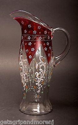 Hand-Painted Czech Bohemian Glass Pitcher and 4 Glasses Set - Red Floral Design for Wine, Juice & Water - Perfect for Parties, Weddings & Home Decor