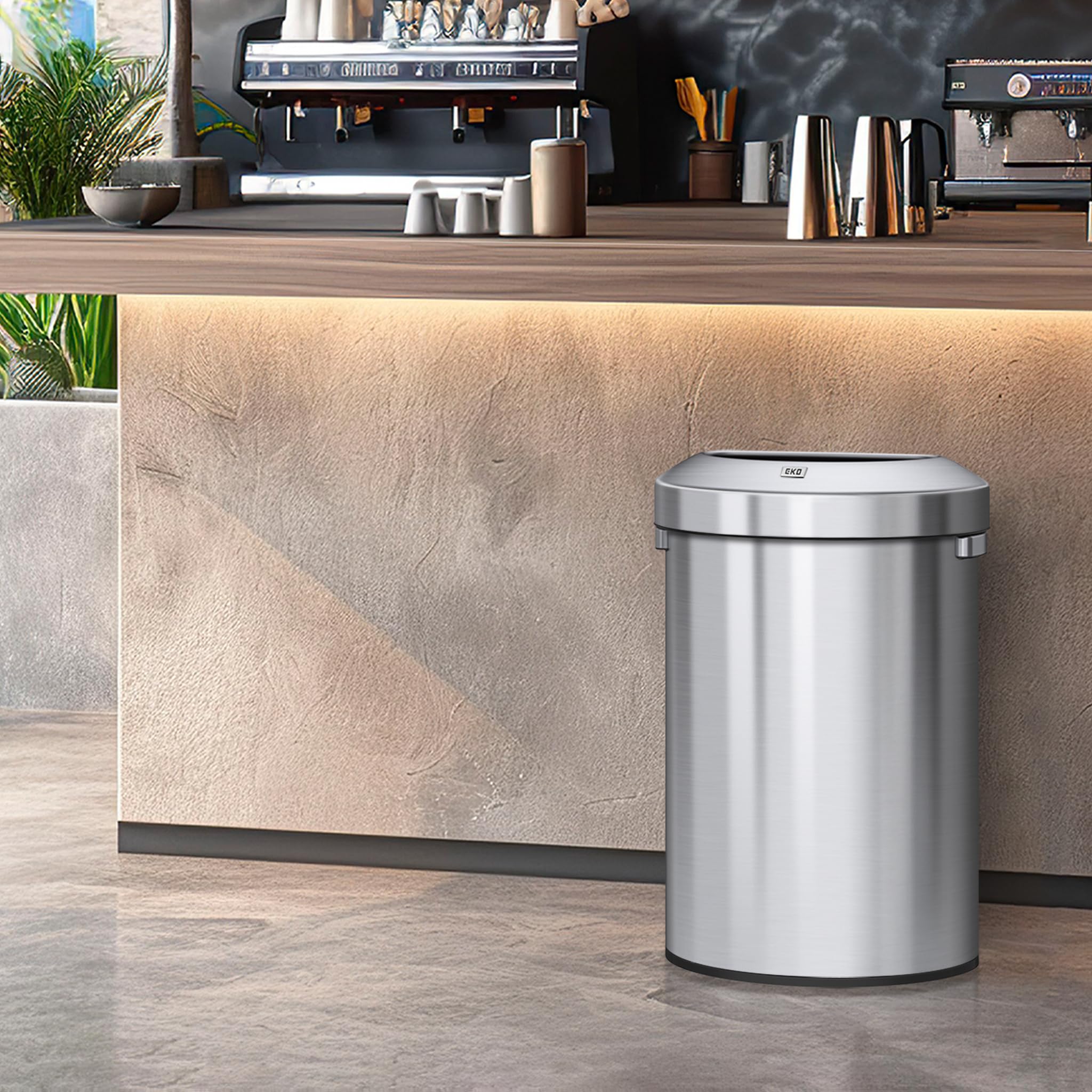 EKO Urban 16 Gallon Stainless Steel Semi-Round Commercial Trash Can - Large Metal Garbage Bin for Home, Office, Restaurant & Restroom - Indoor/Outdoor Use - Perfect for Kitchen, Bathroom, Lobby & Patio Waste Disposal (60L Capacity)