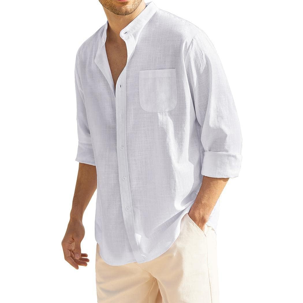 COOFANDY Men's Long Sleeve Linen Shirt - Grandad Collar Cotton Dress Shirt with Pocket | Casual Holiday & Summer Wear for Office, Travel & Outdoor
