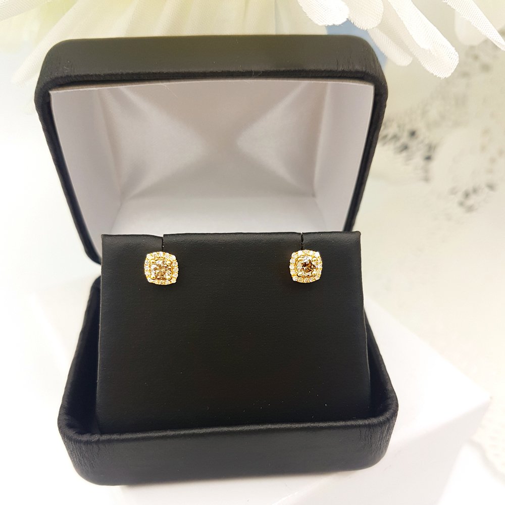 0.27 Carat Champagne & White Diamond Halo Stud Earrings for Women - 10K Solid Gold Dazzlingrock Collection | Elegant Gift for Anniversary, Wedding & Special Occasions