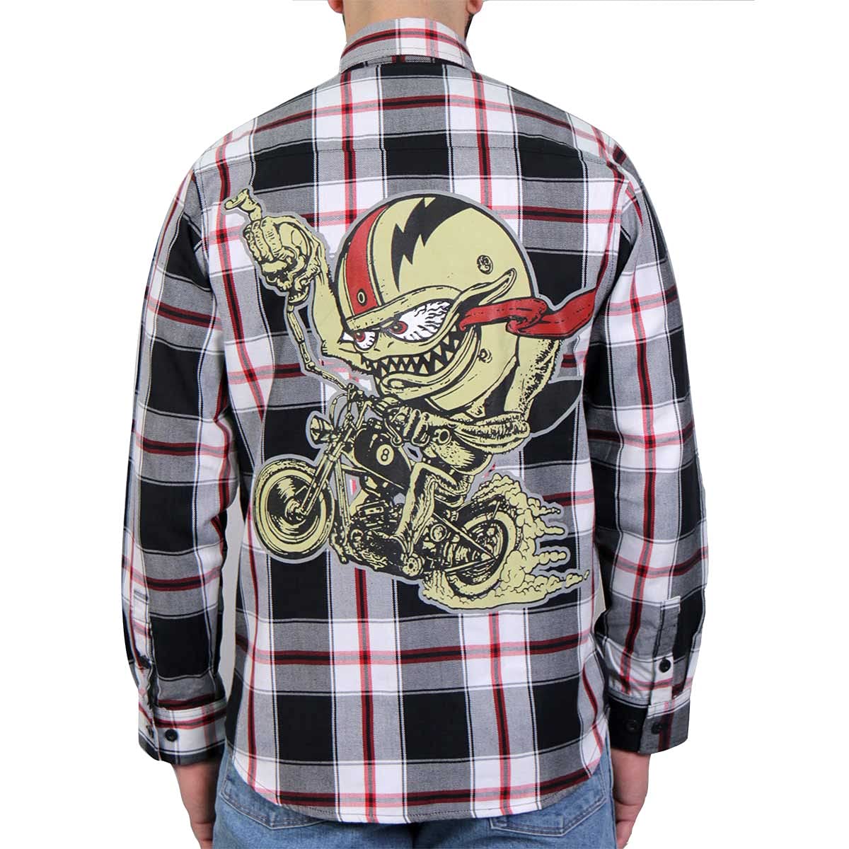 FLM2104 Men's 'Bobber Monster' Flannel Long Sleeve Shirt | Soft Plaid Button-Up for Motorcycle Riders & Outdoor Enthusiasts | Perfect for Biking, Camping & Casual Wear